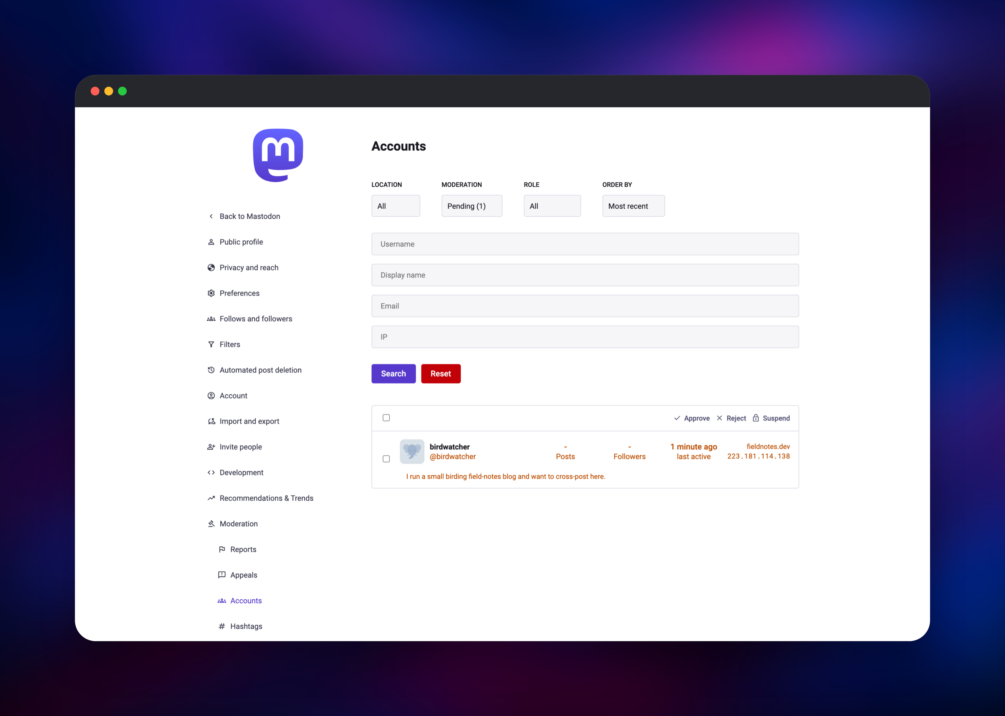 Mastodon moderation screen listing a pending account application
