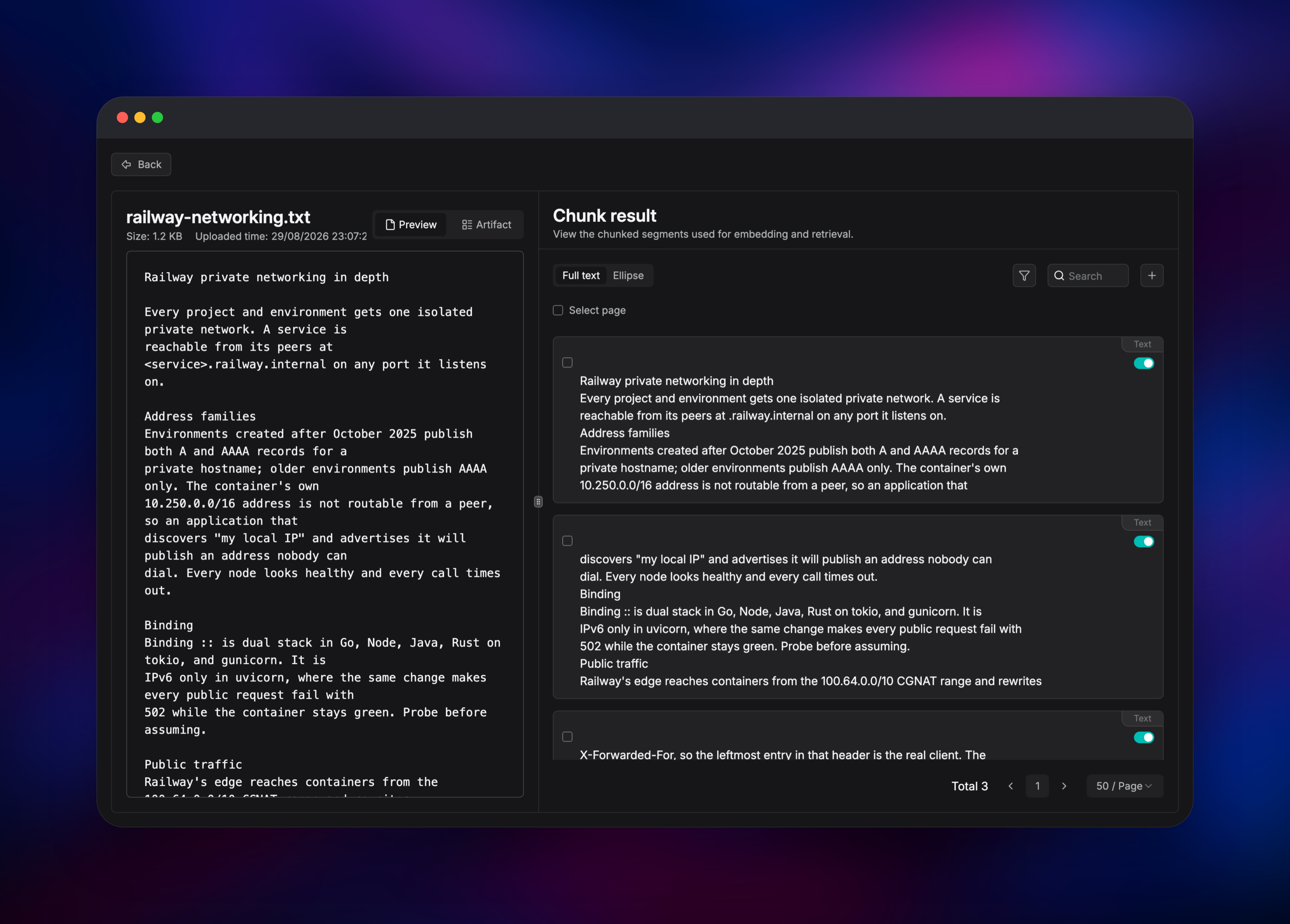 Document preview beside the chunks RAGFlow embedded from it