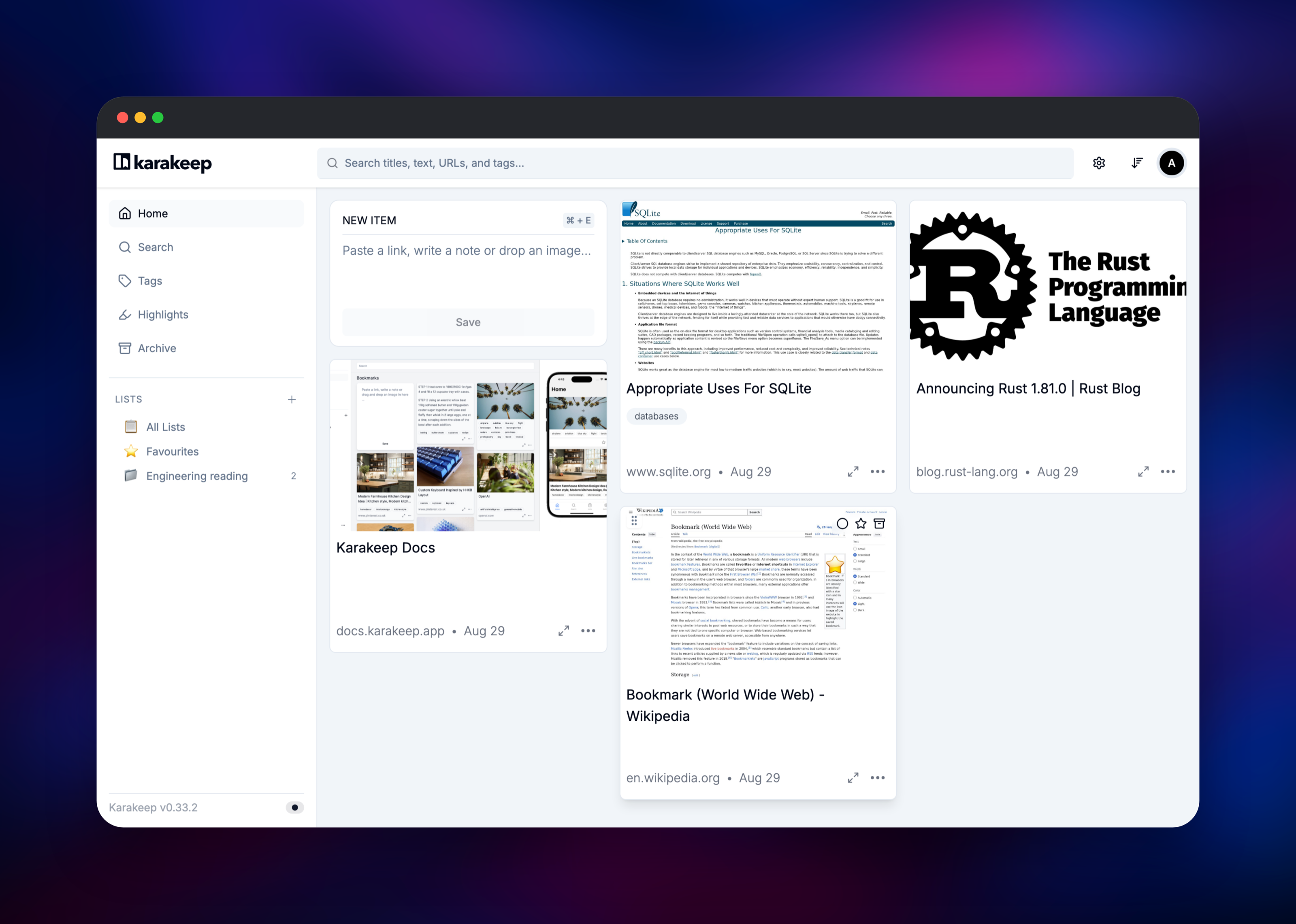 Karakeep bookmark grid showing four crawled pages with archived screenshots