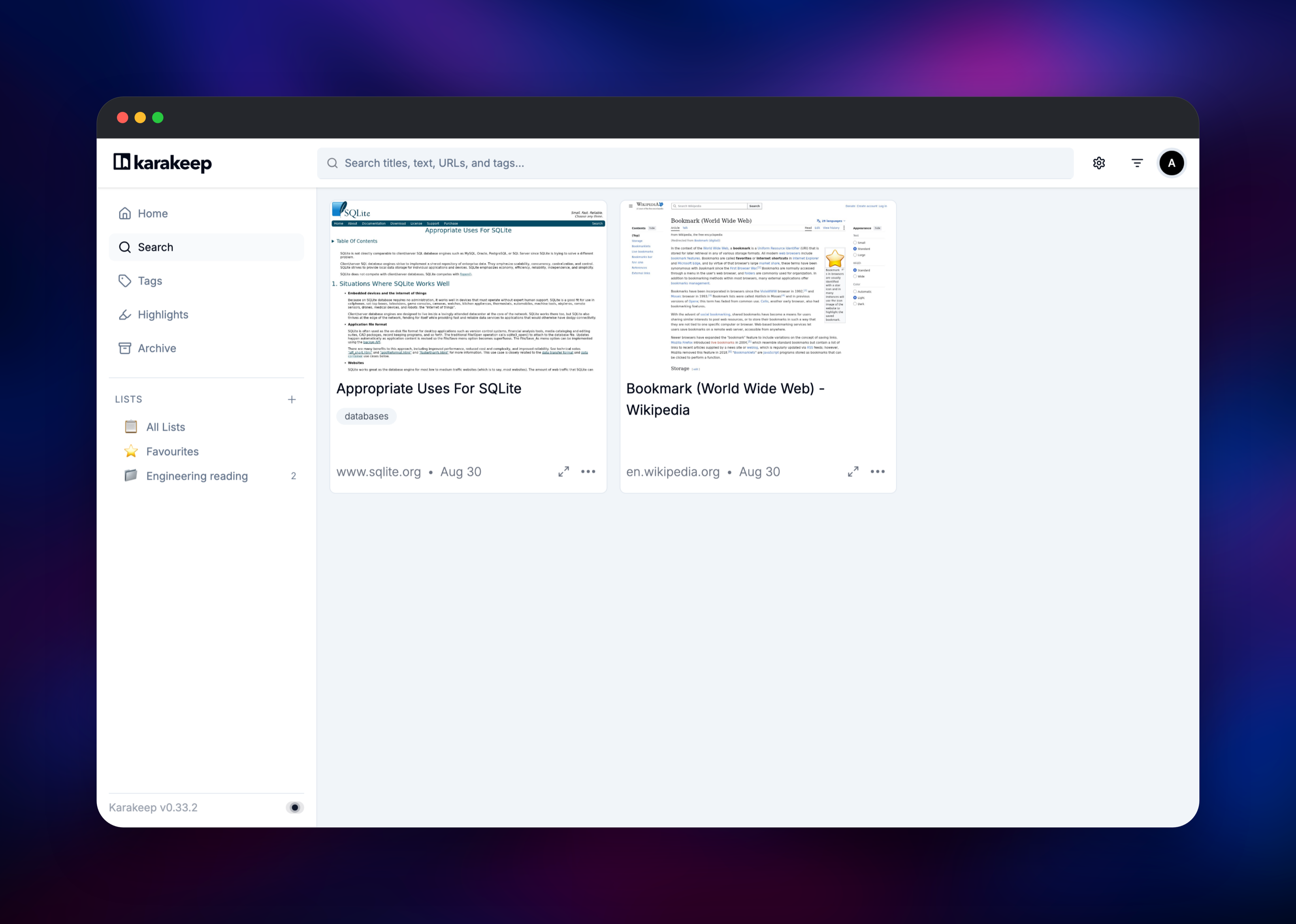 Karakeep full-text search returning two bookmarks matching sqlite