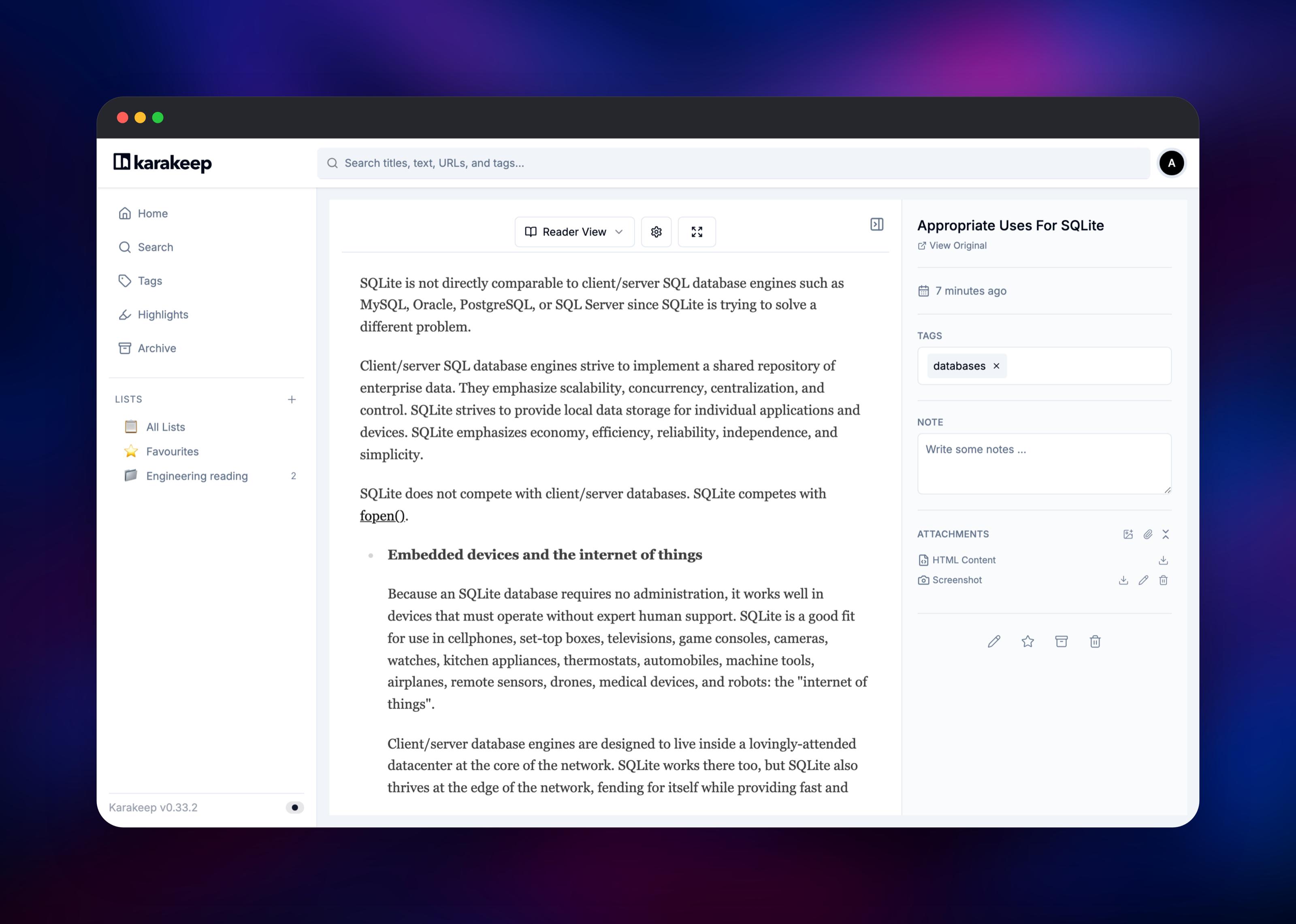 Karakeep reader view of an archived SQLite article with its tag and attachments