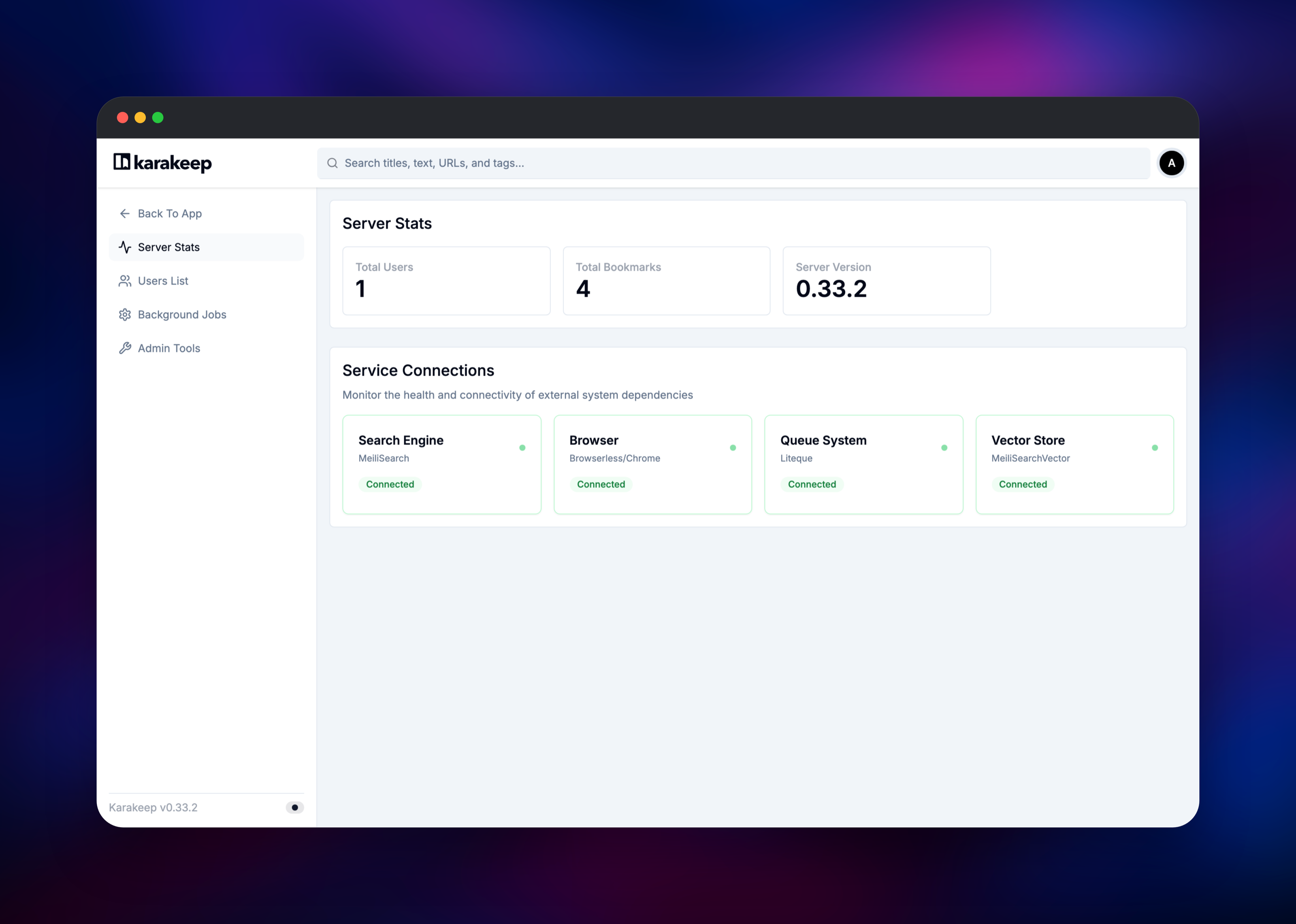 Karakeep admin panel reporting search, browser, queue and vector store connected