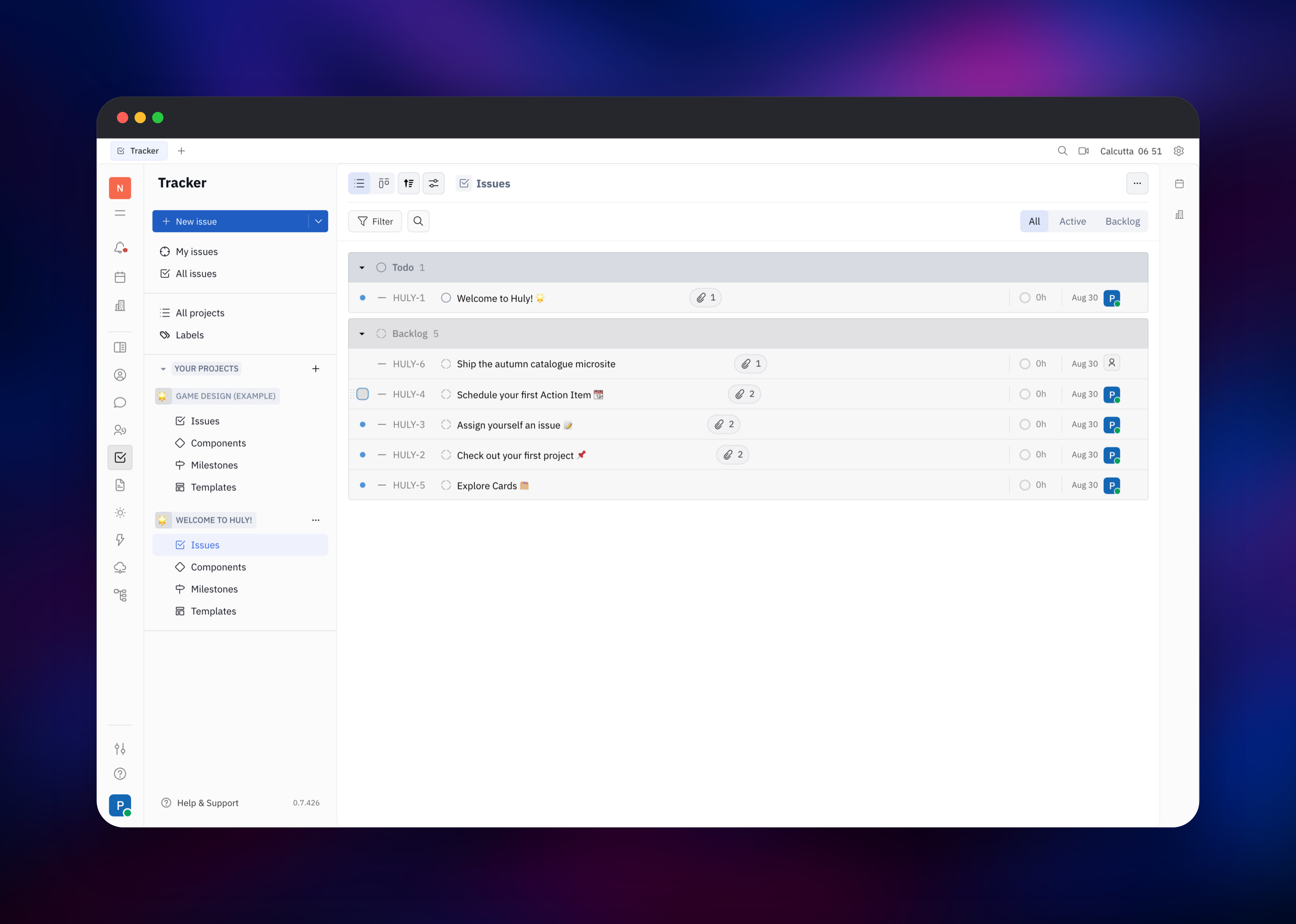 Huly Tracker listing backlog issues across two projects