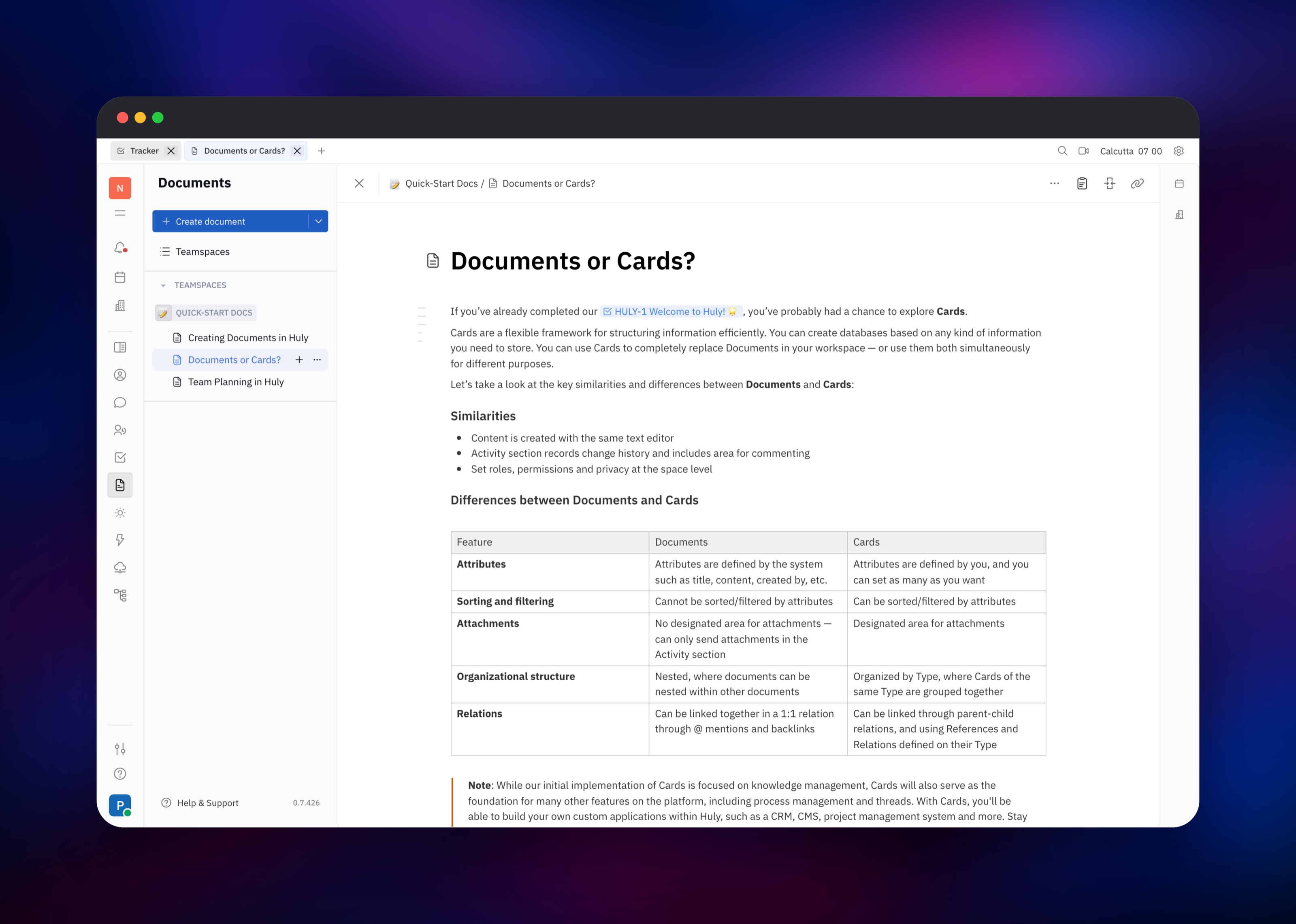 Huly collaborative document open in the Documents workspace