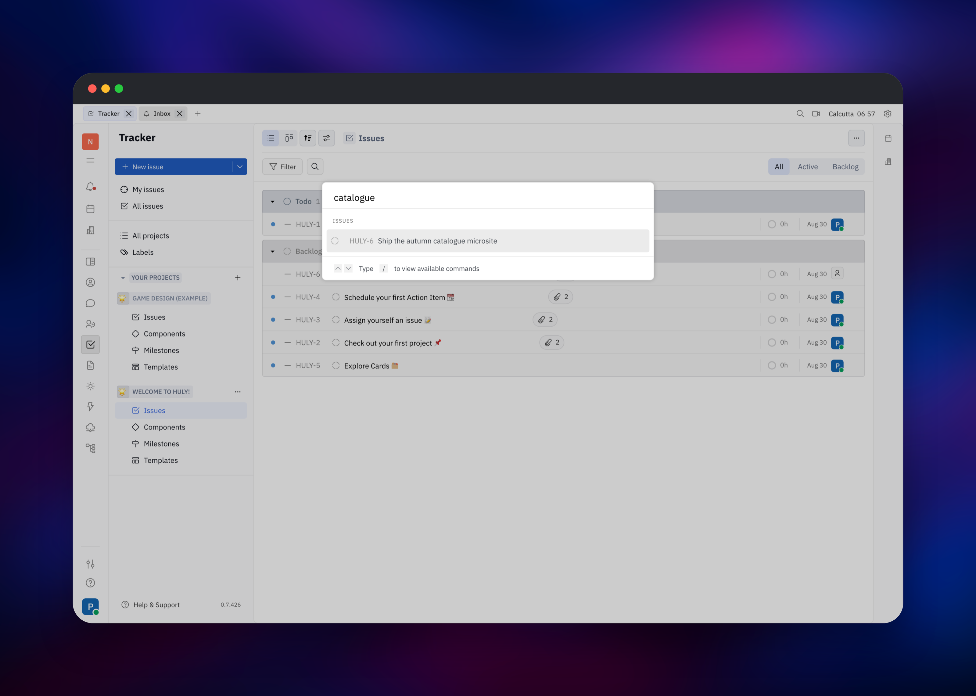 Huly command palette returning a full-text issue match