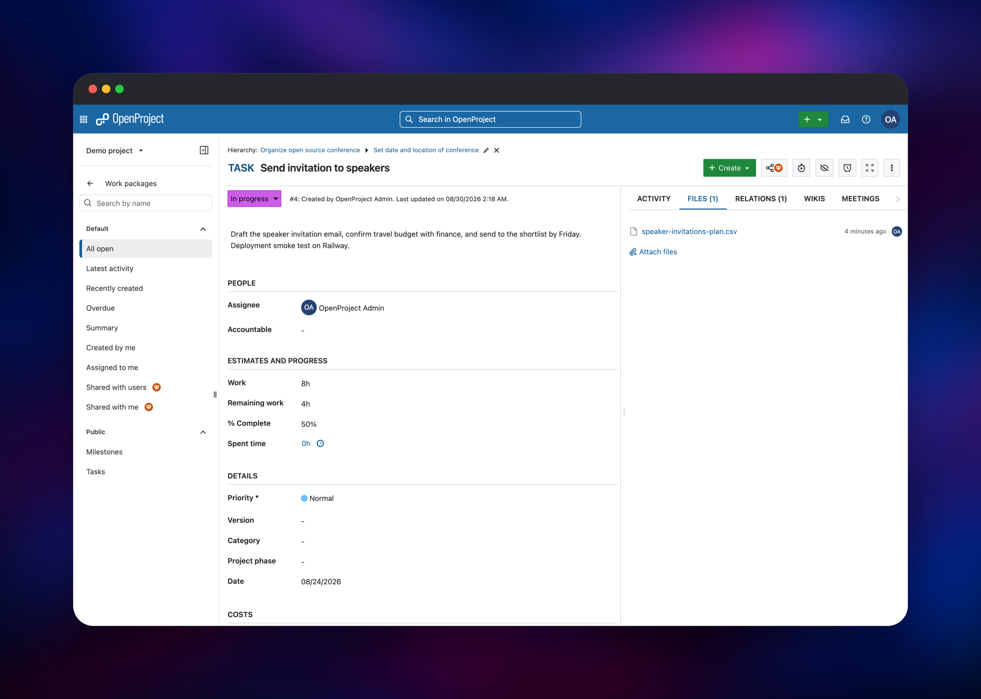 Work package detail with a description and an attached CSV file