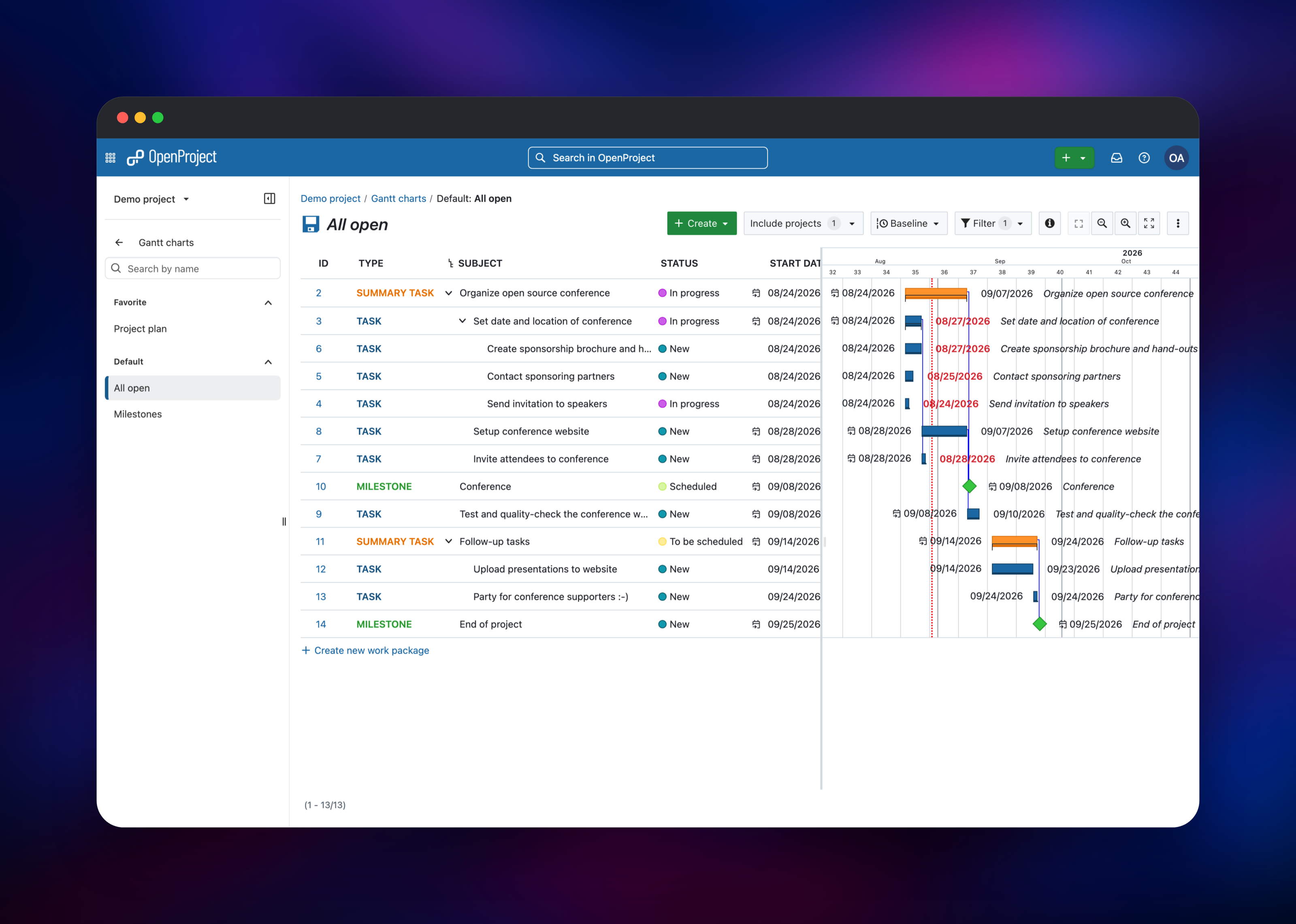 OpenProject Gantt chart with conference tasks and milestones