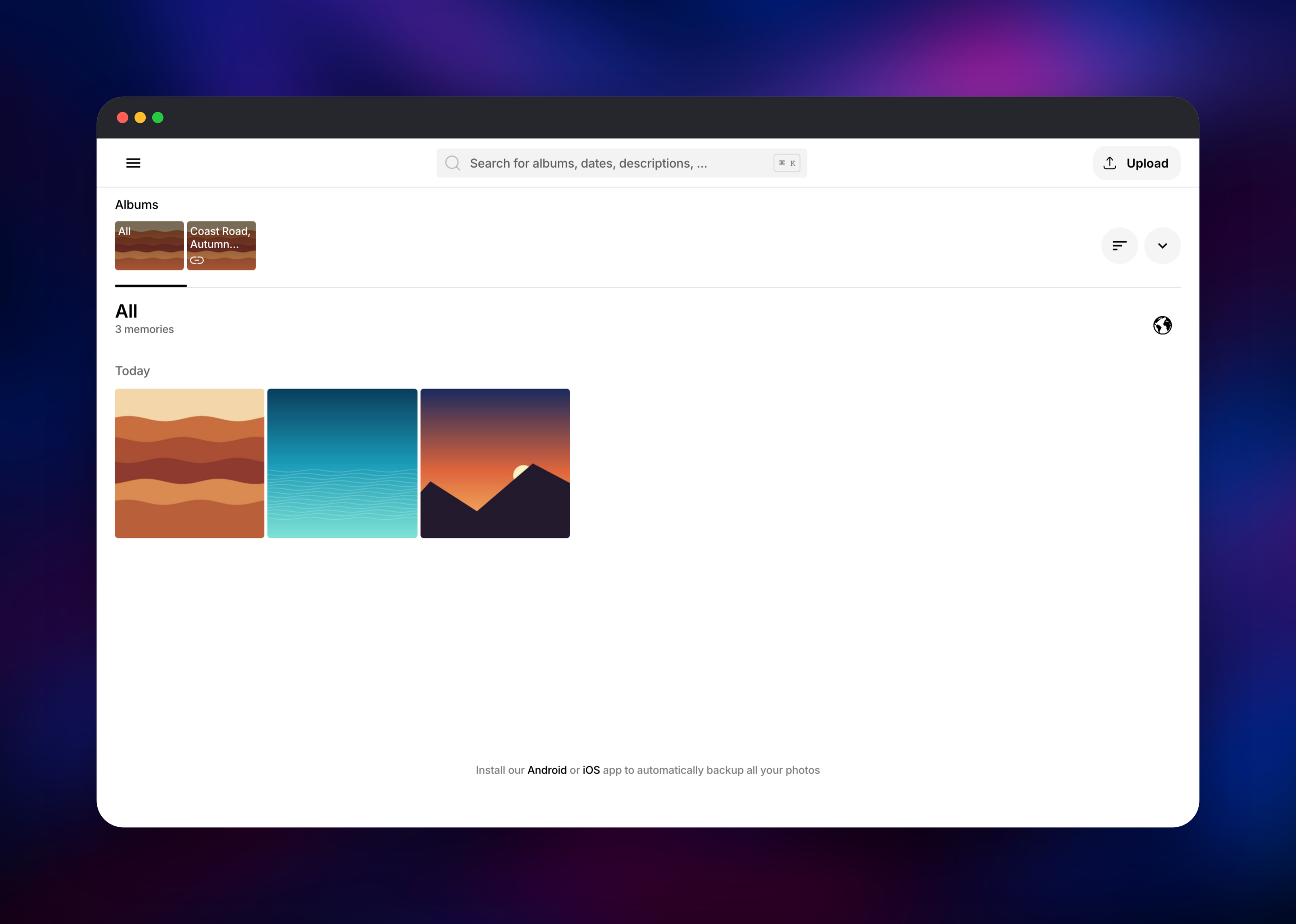 Ente Photos library showing three uploaded photos and one album