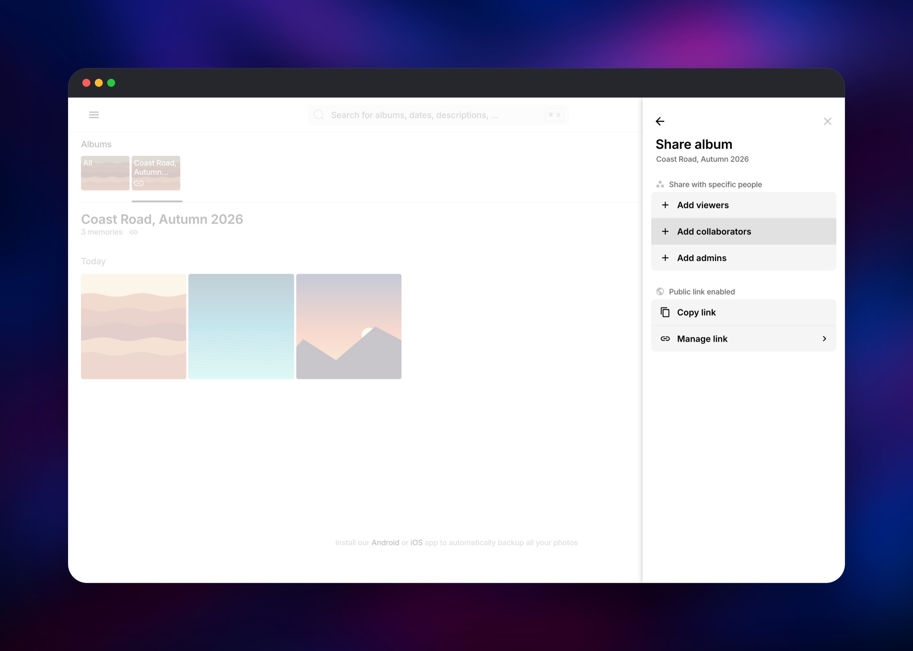 Ente Photos share panel with a public link enabled for an album