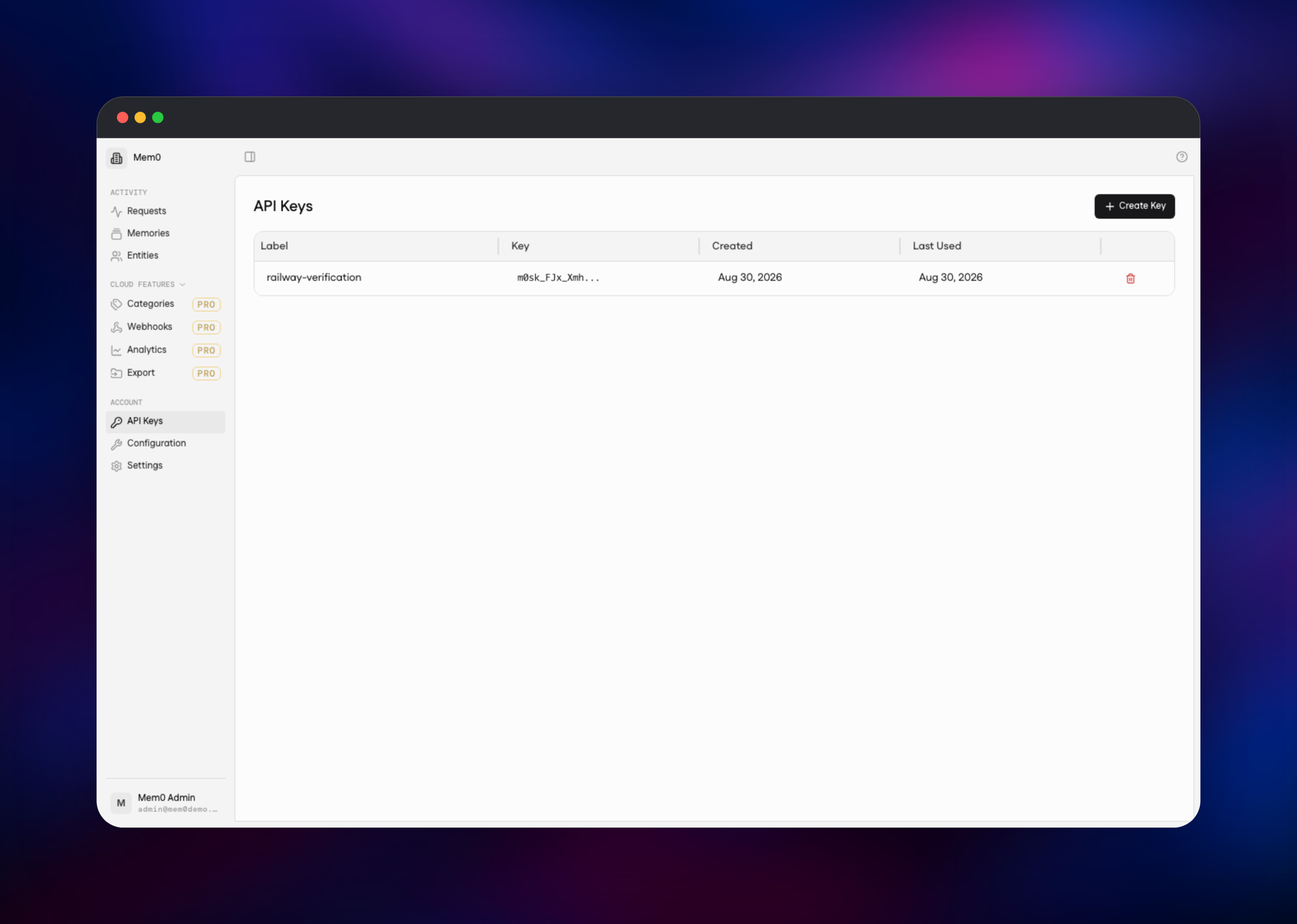 Mem0 API keys screen showing an issued key and its last use