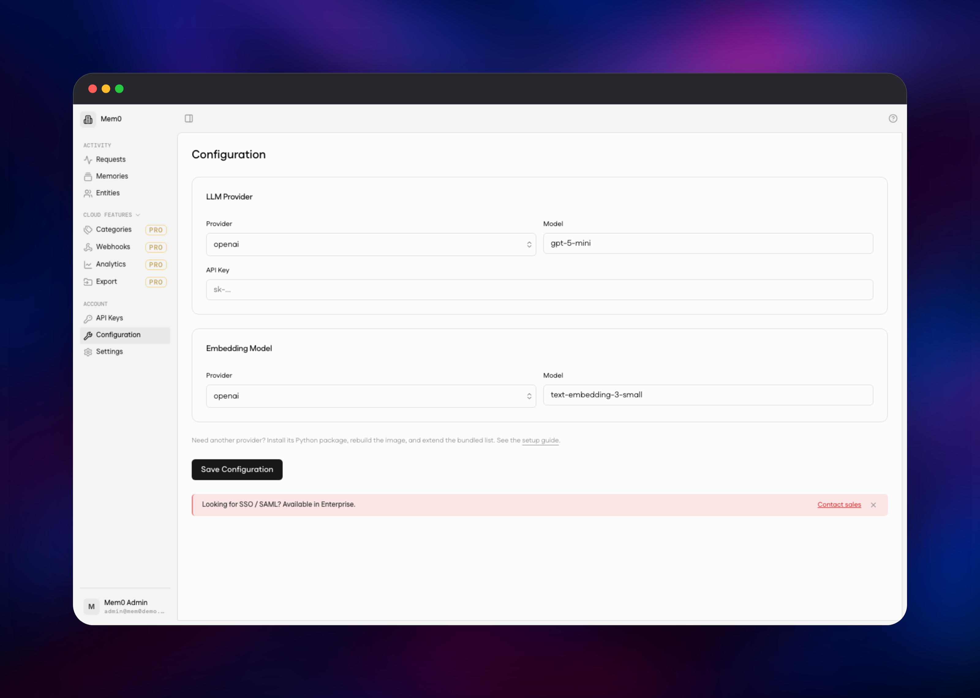 Mem0 configuration screen selecting the LLM and embedding models