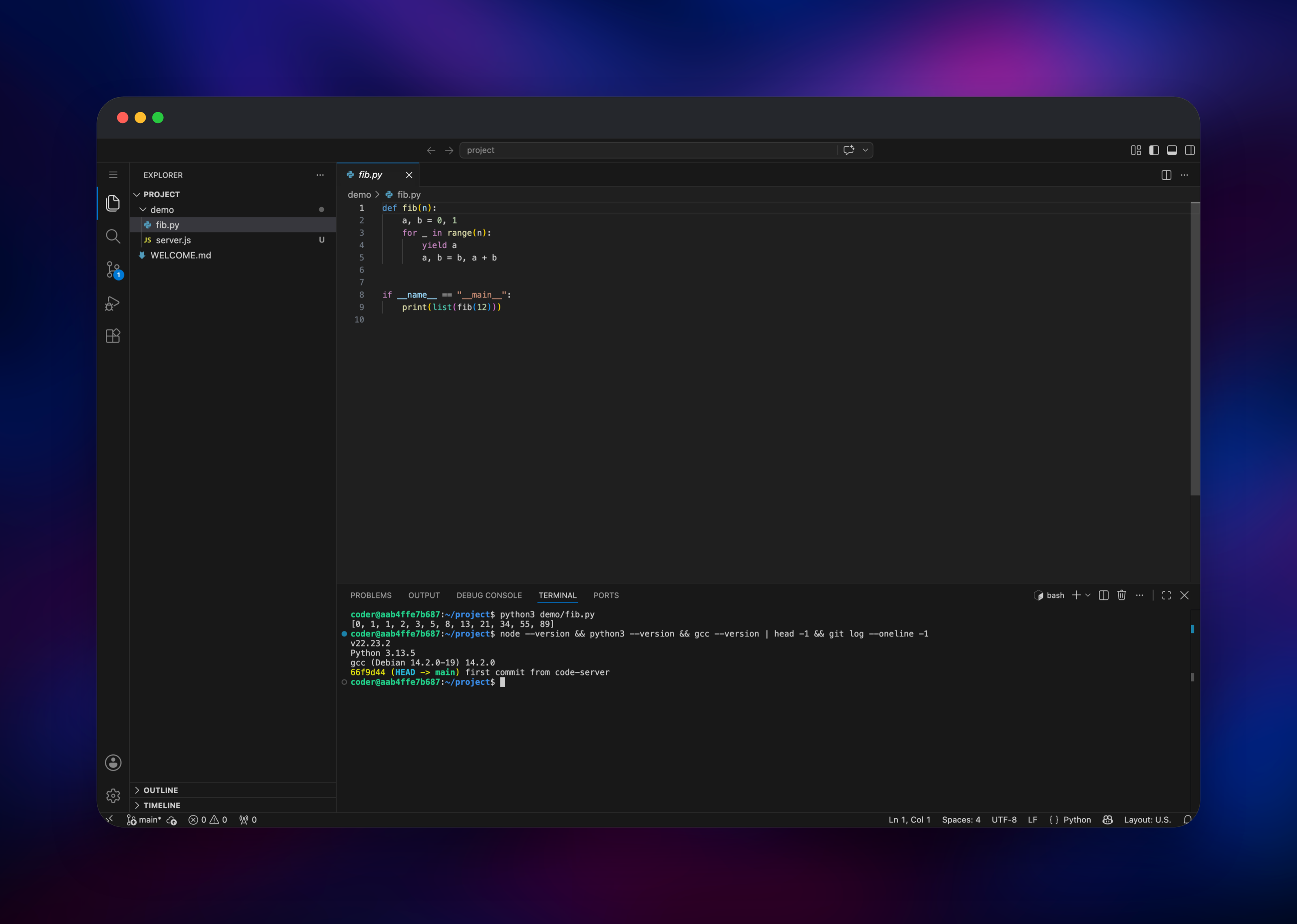 code-server editing a Python file beside a running terminal