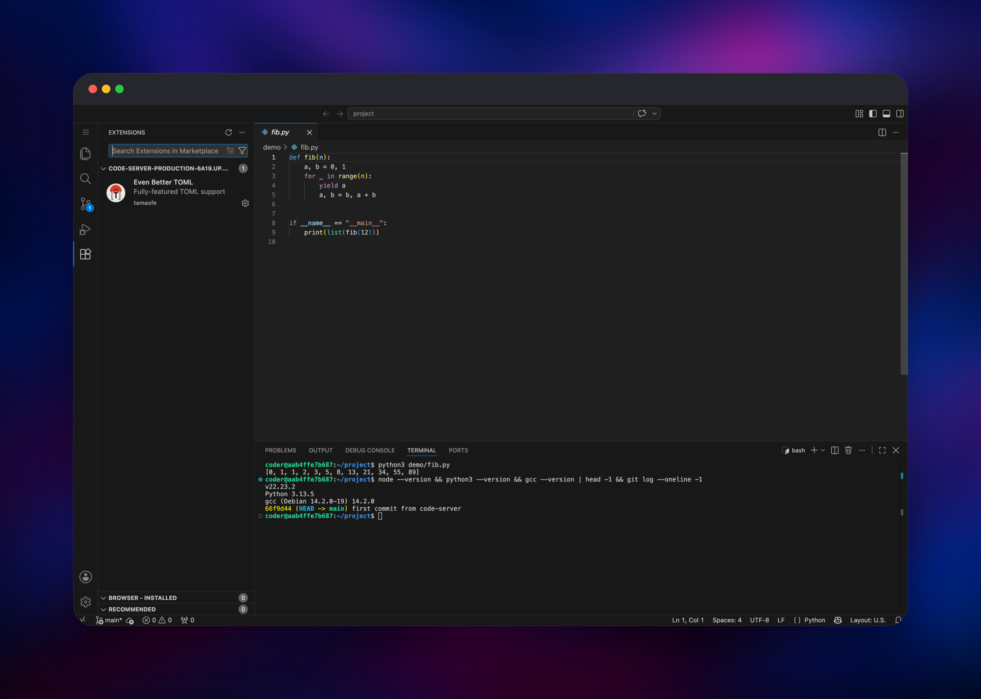code-server extensions panel listing an installed marketplace extension