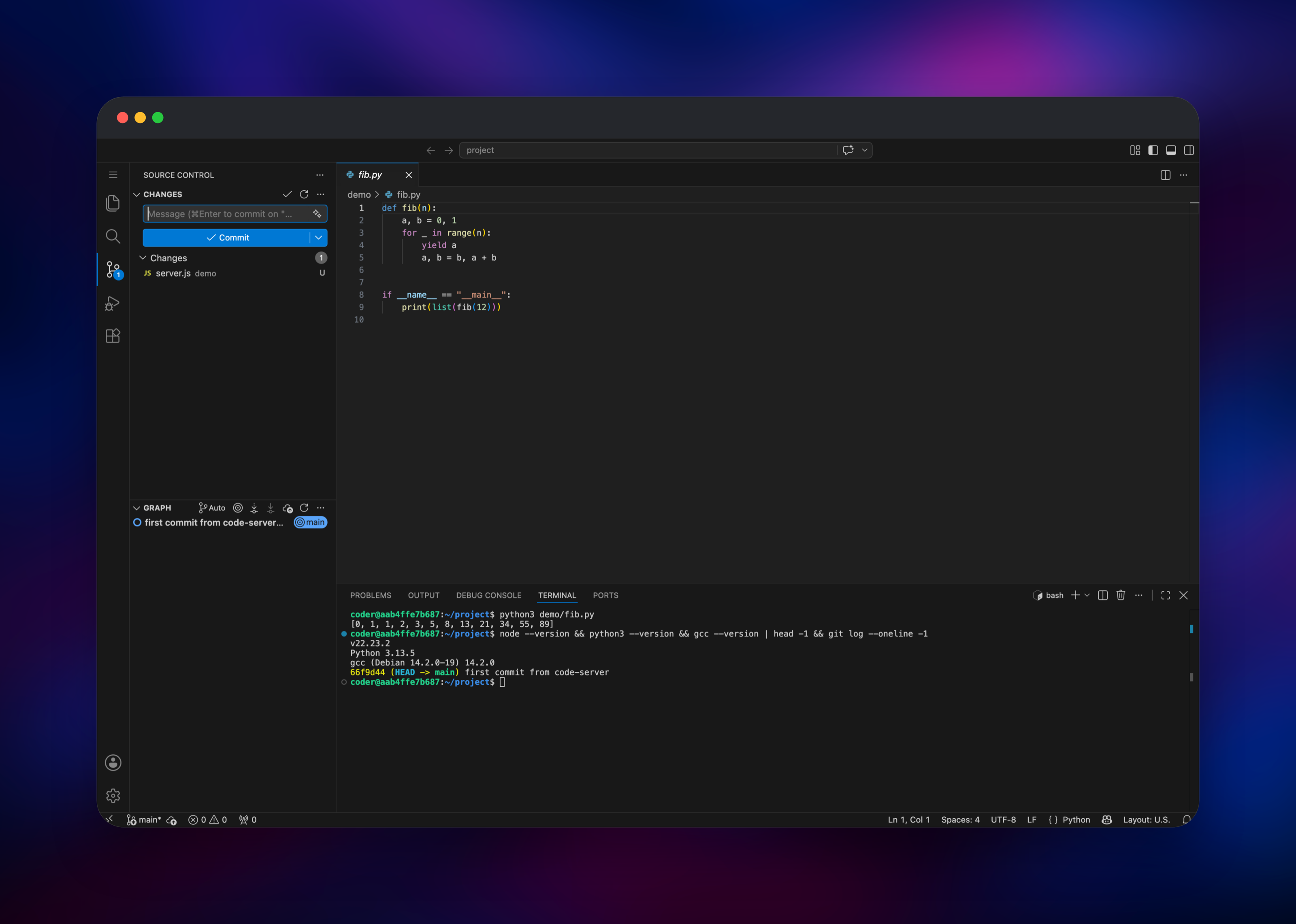 code-server source control view showing a git commit graph