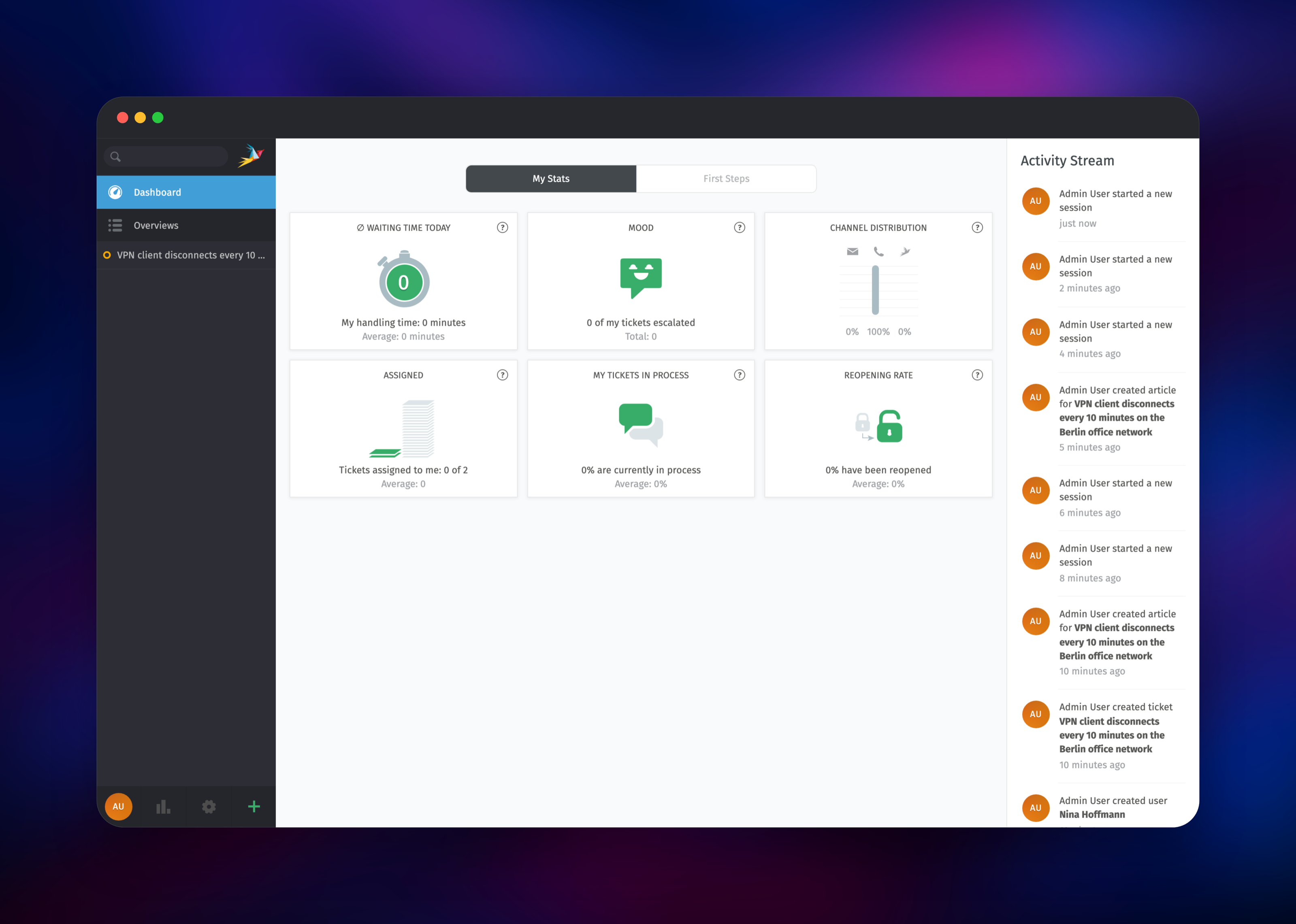 Zammad agent dashboard with a live activity stream of ticket events