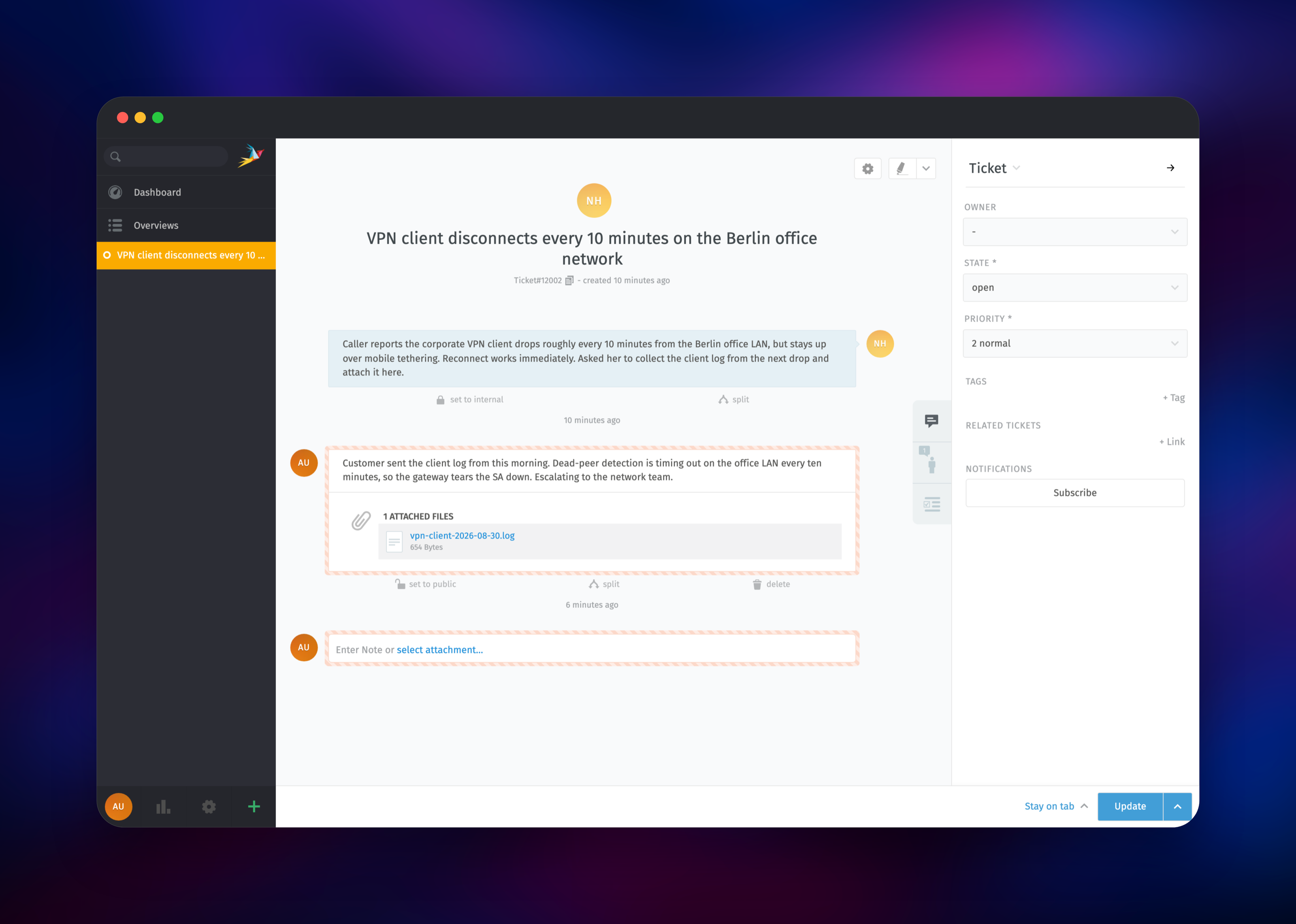Zammad ticket thread with a customer note and an attached log file