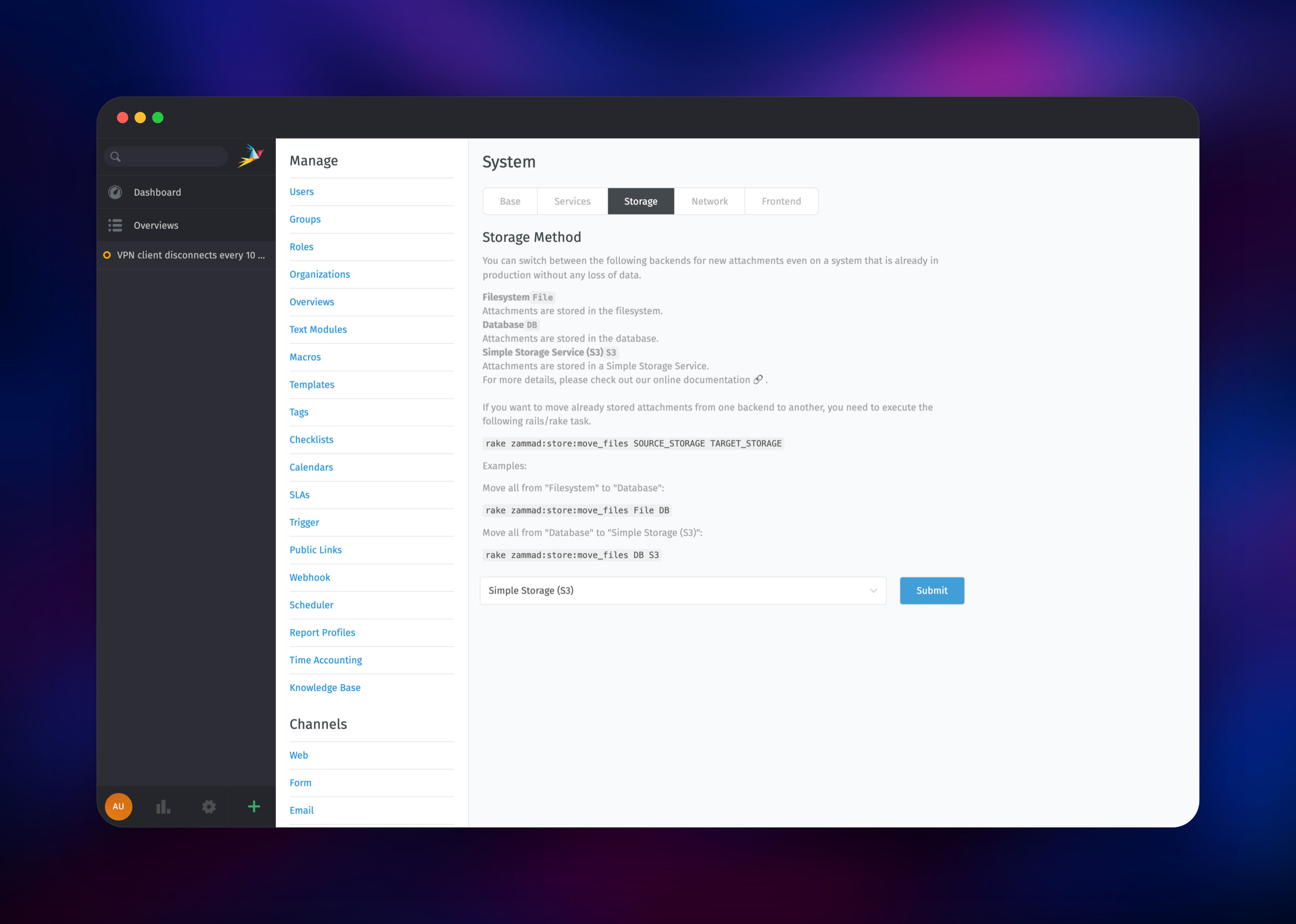 Zammad admin storage settings with Simple Storage S3 selected