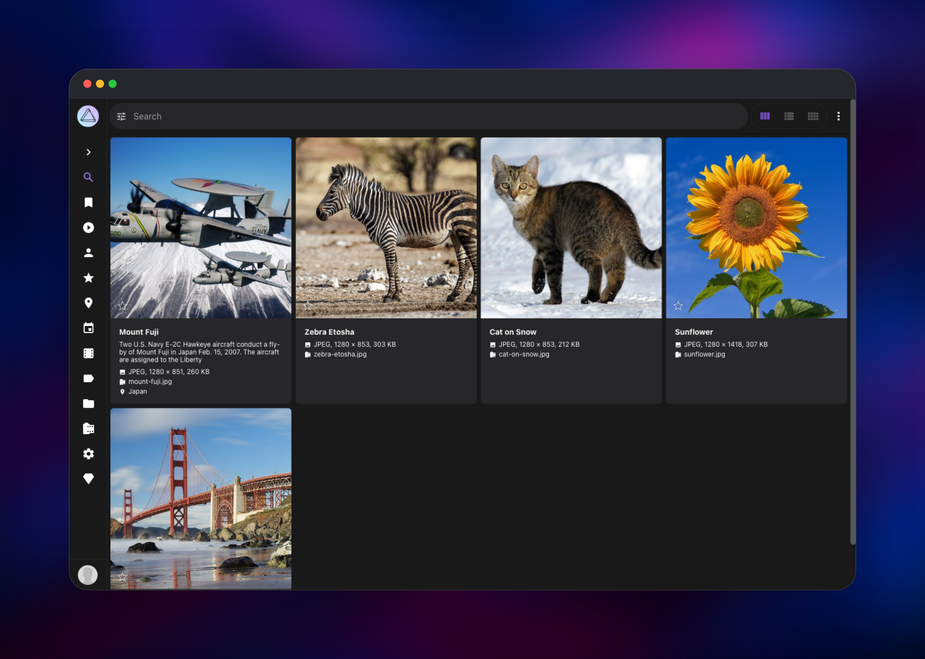 PhotoPrism card view of five indexed photos with titles