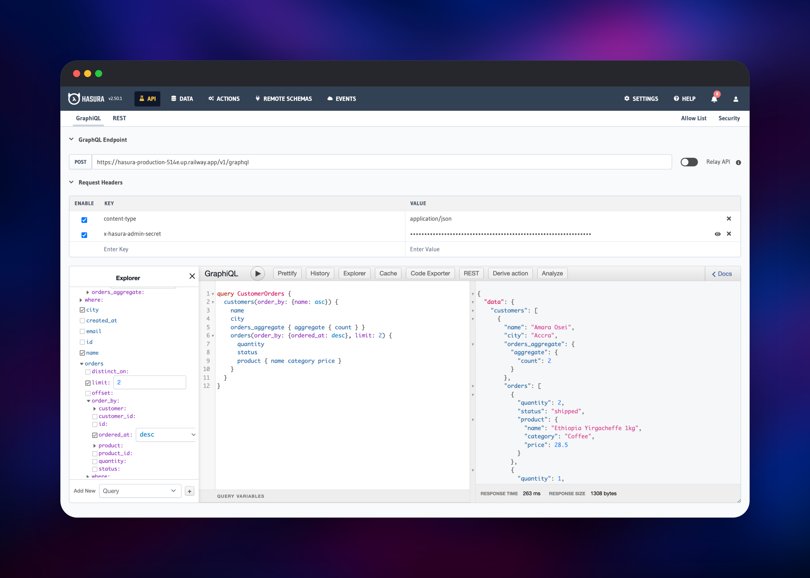 Hasura GraphQL running a nested customer and order query