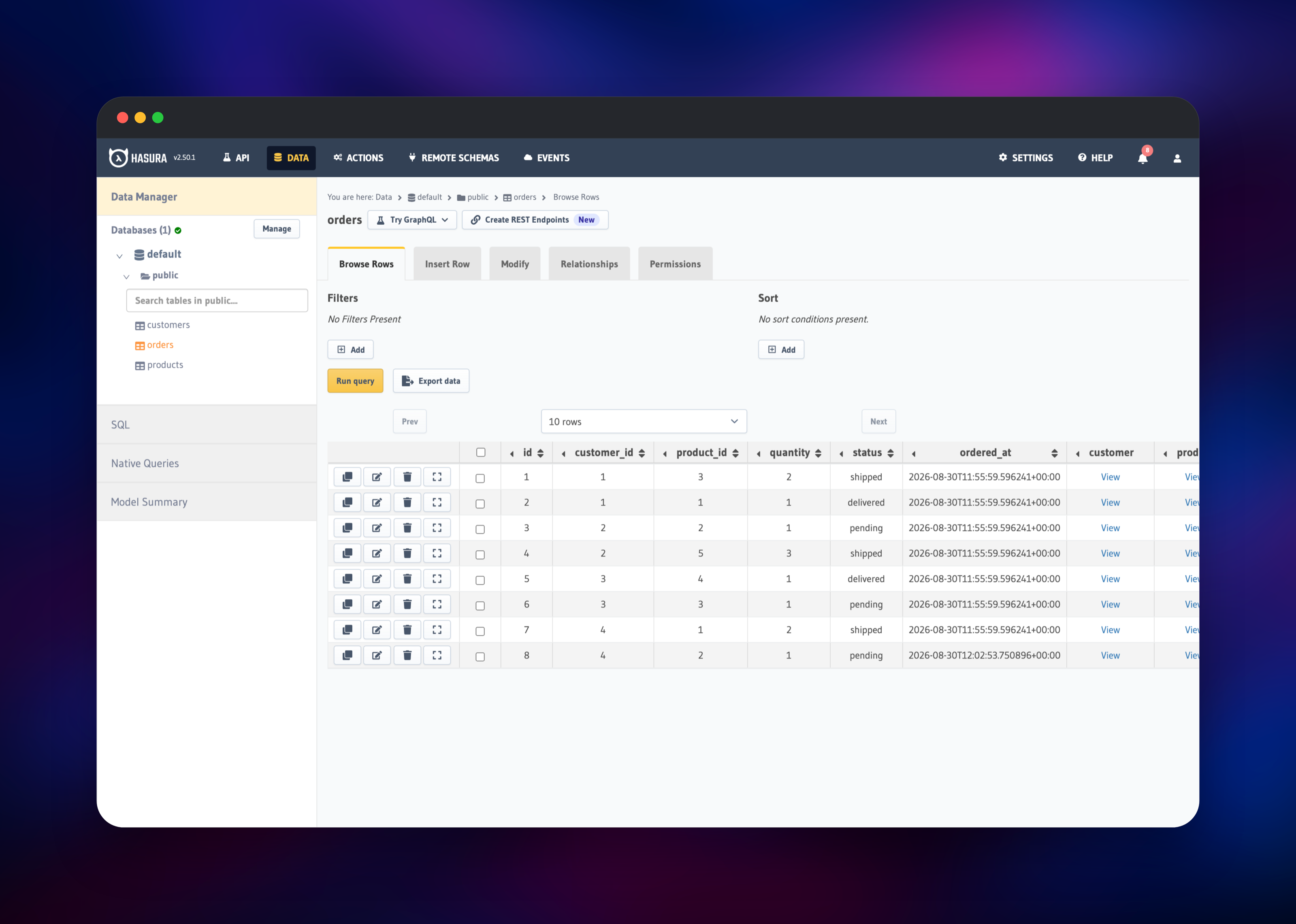 Hasura console browsing rows of the orders table