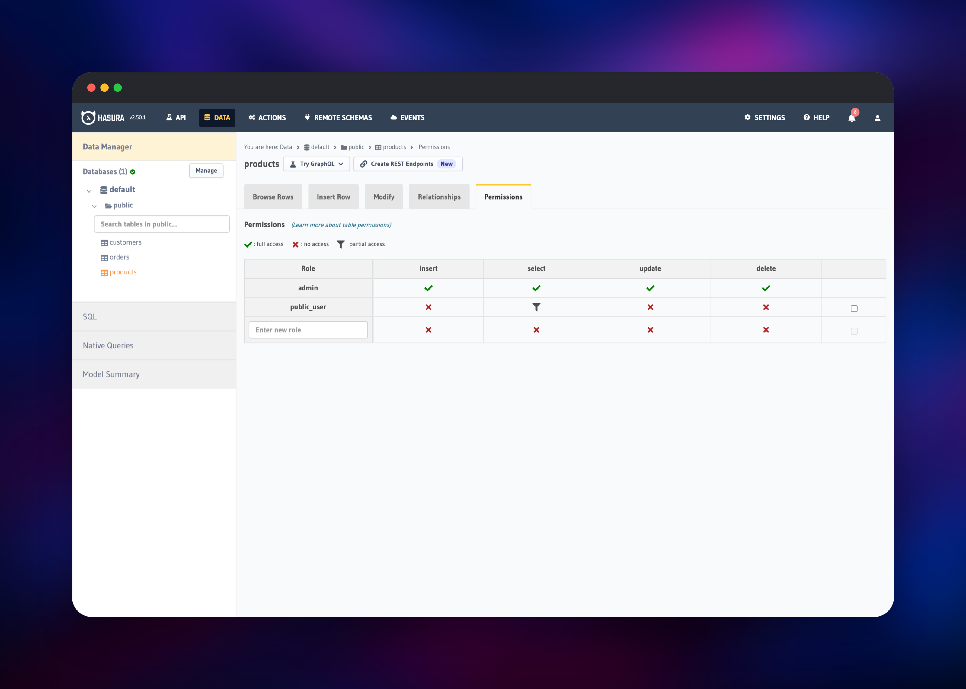 Hasura permissions matrix restricting a public_user role