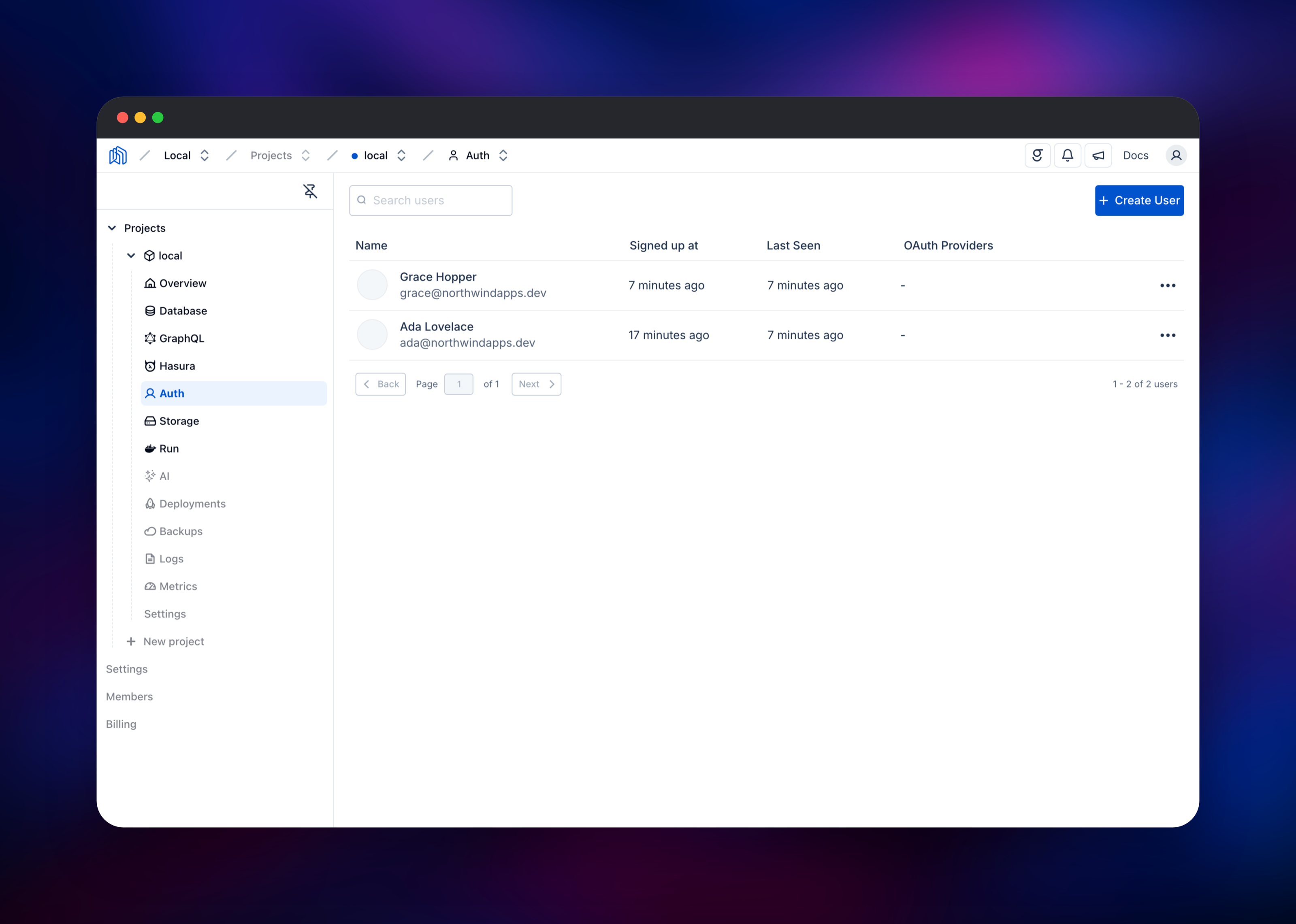 Nhost dashboard listing two registered application users