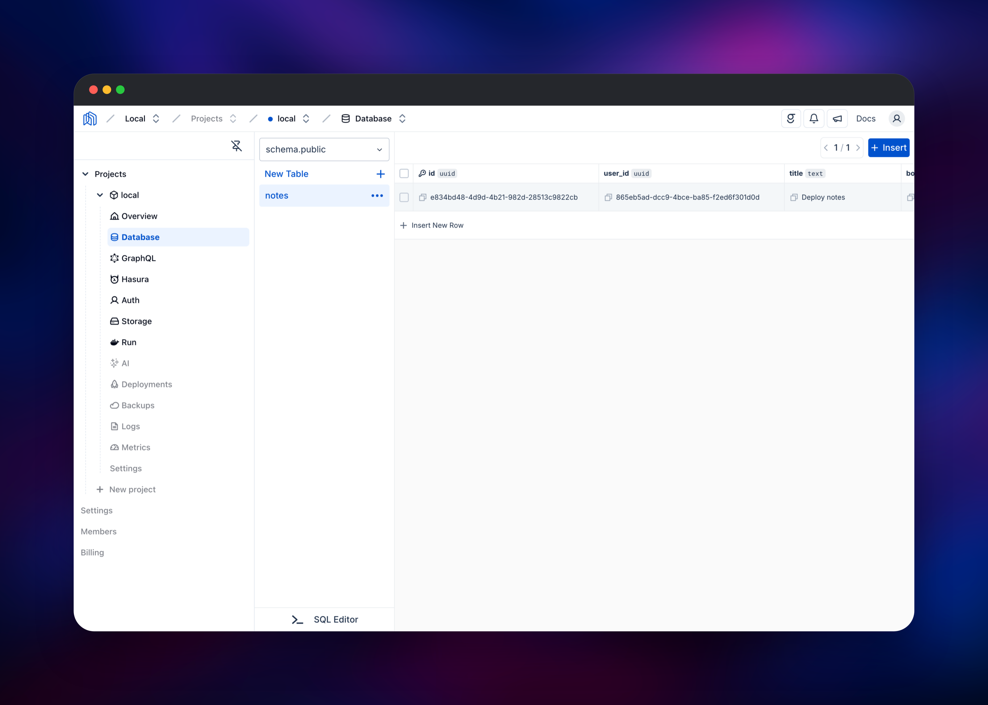 Nhost database browser showing a notes table row