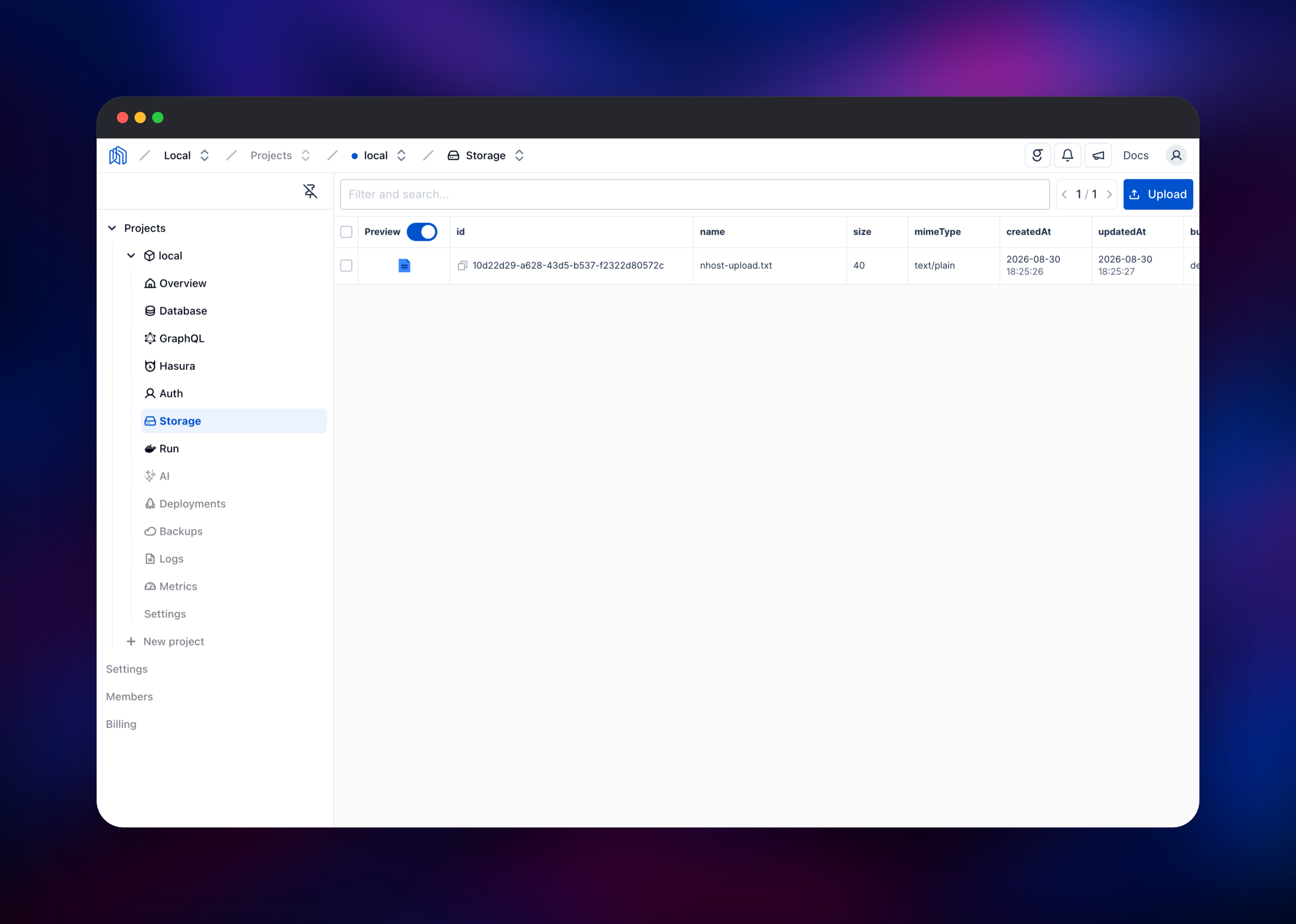 Nhost storage browser listing an uploaded text file