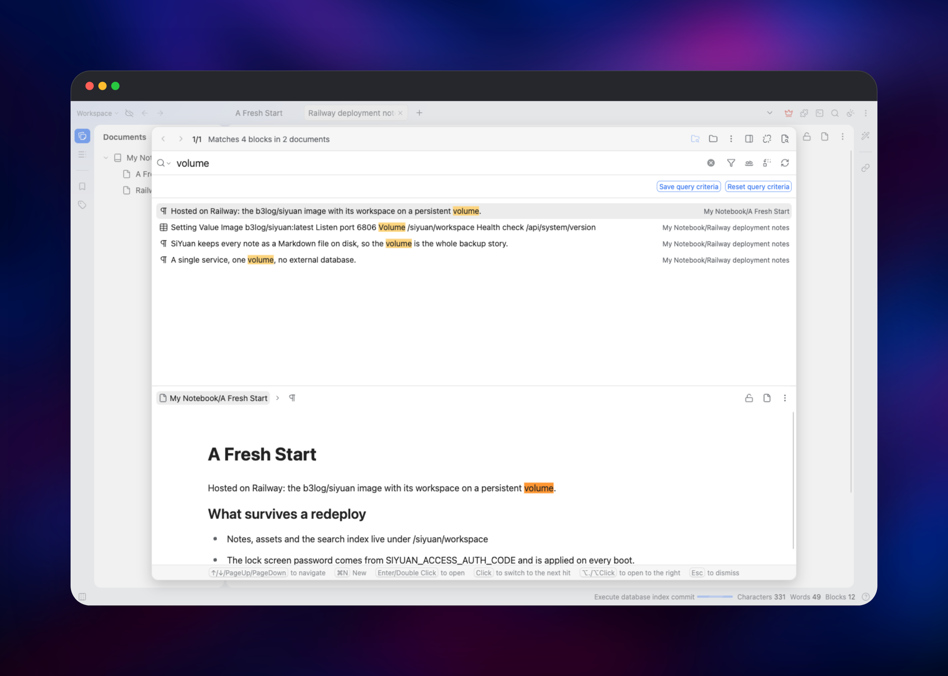 SiYuan global search highlighting matches across two documents
