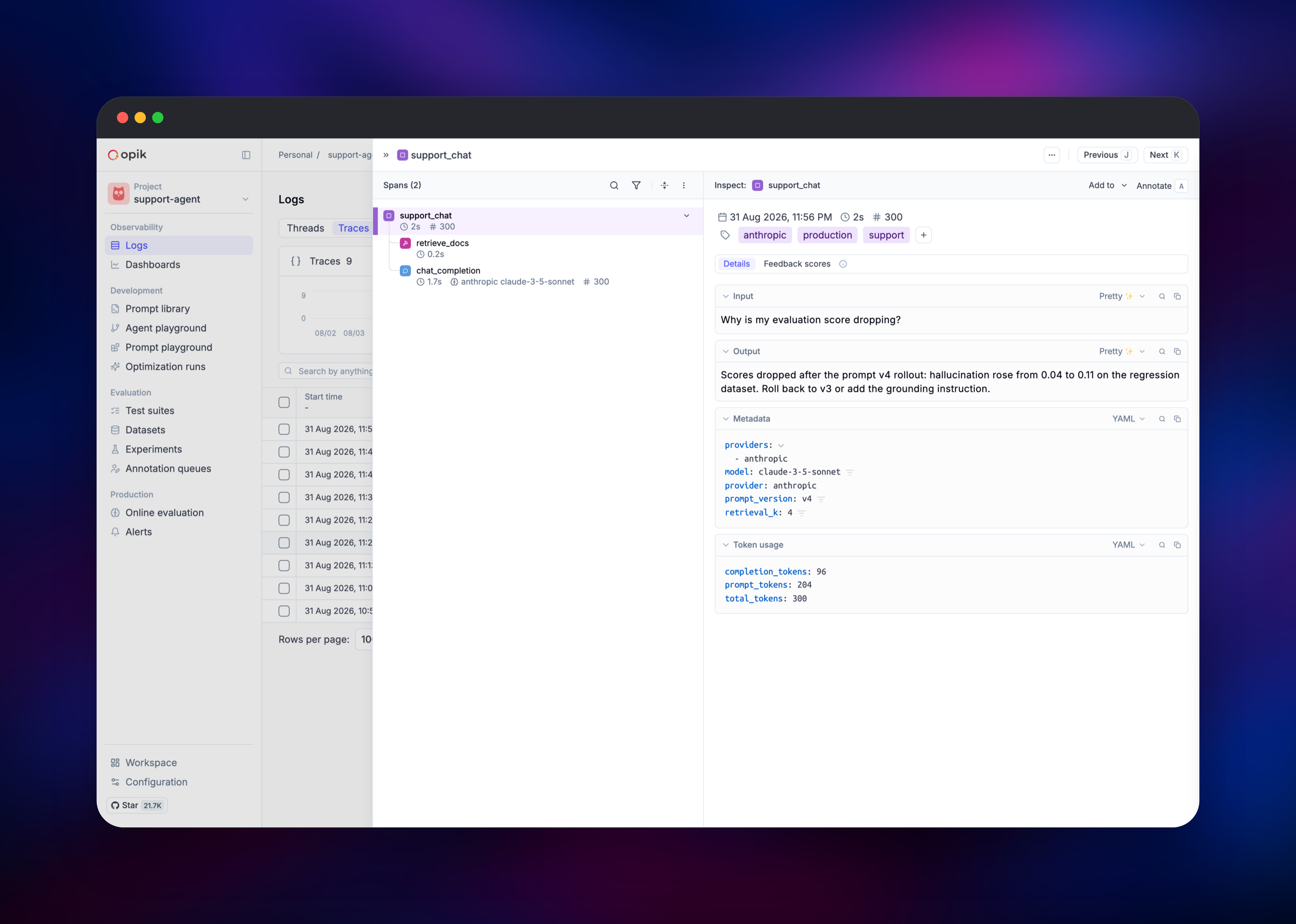 Opik trace inspector showing the span tree and token usage