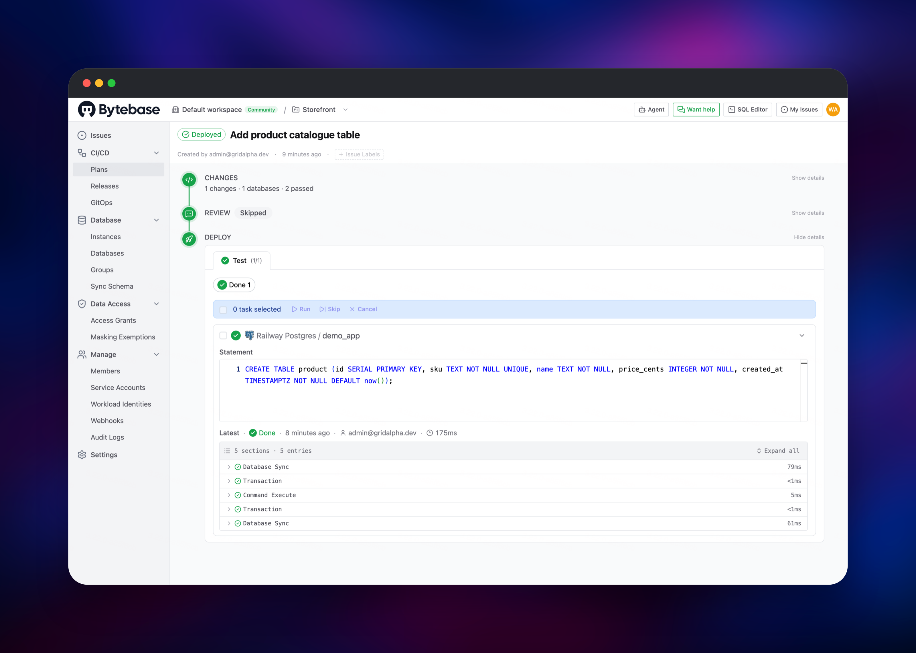 Bytebase schema change deployed to a Postgres database