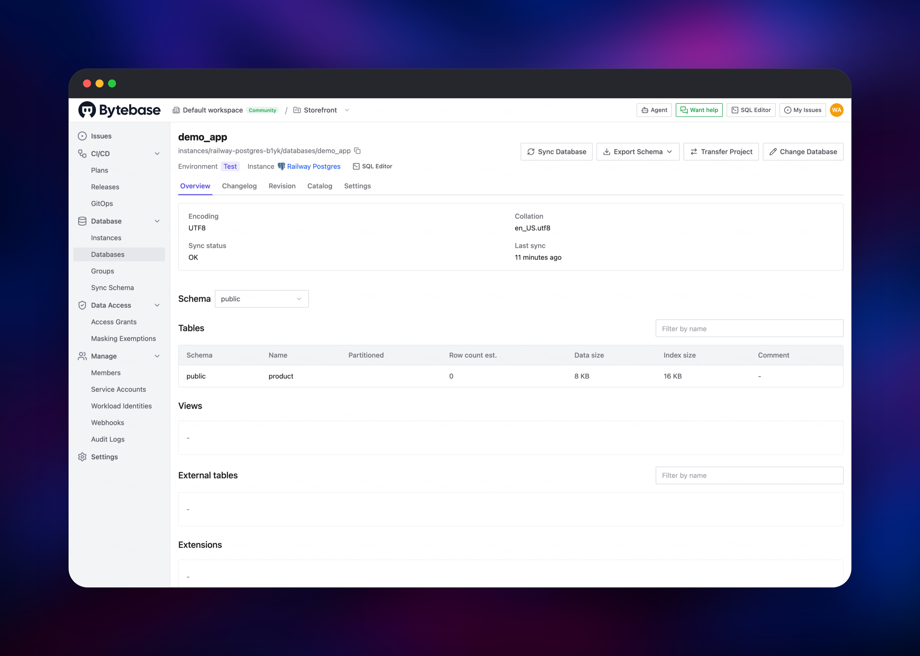 Bytebase database overview listing the synced product table