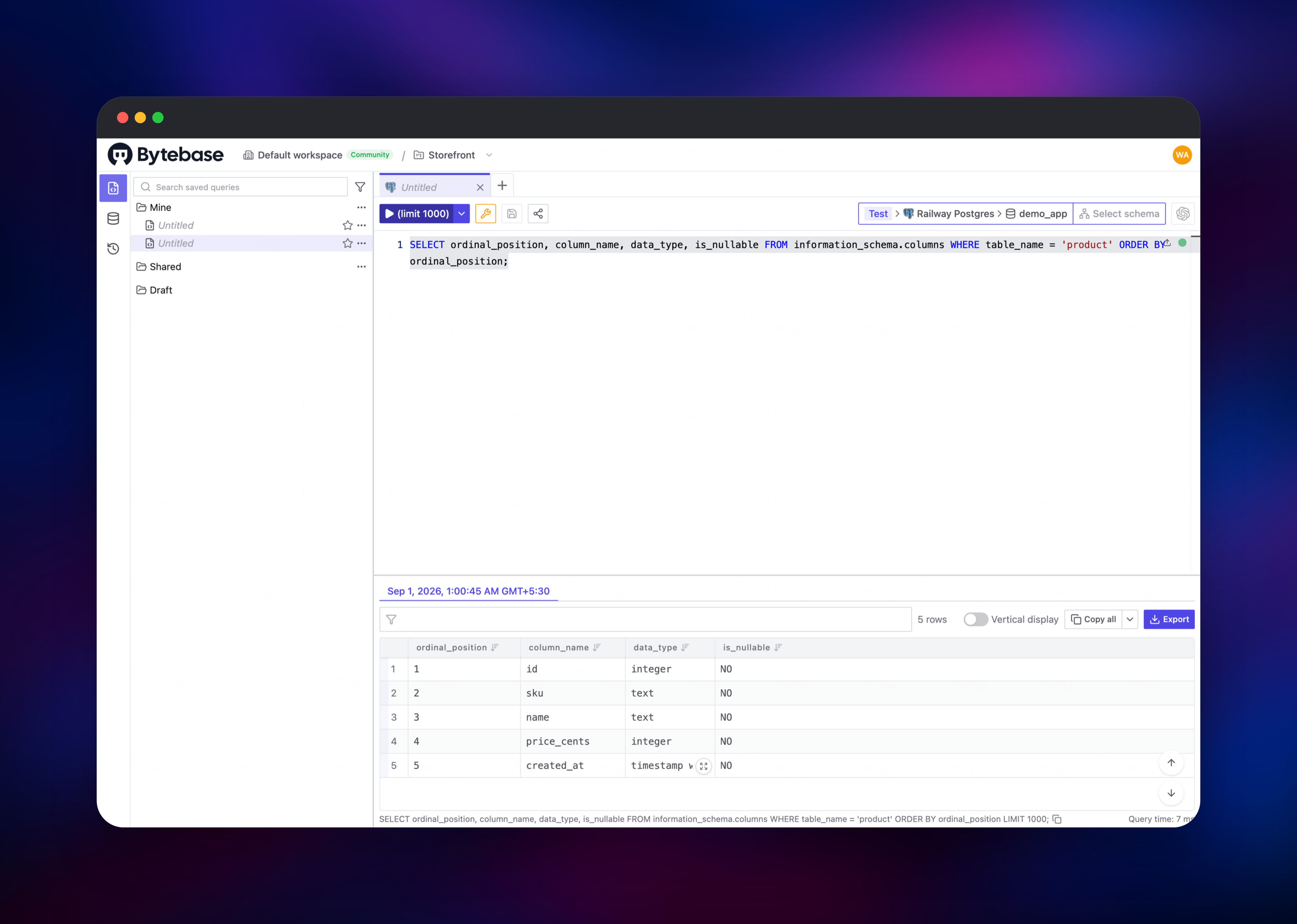 Bytebase SQL Editor returning column metadata for a table