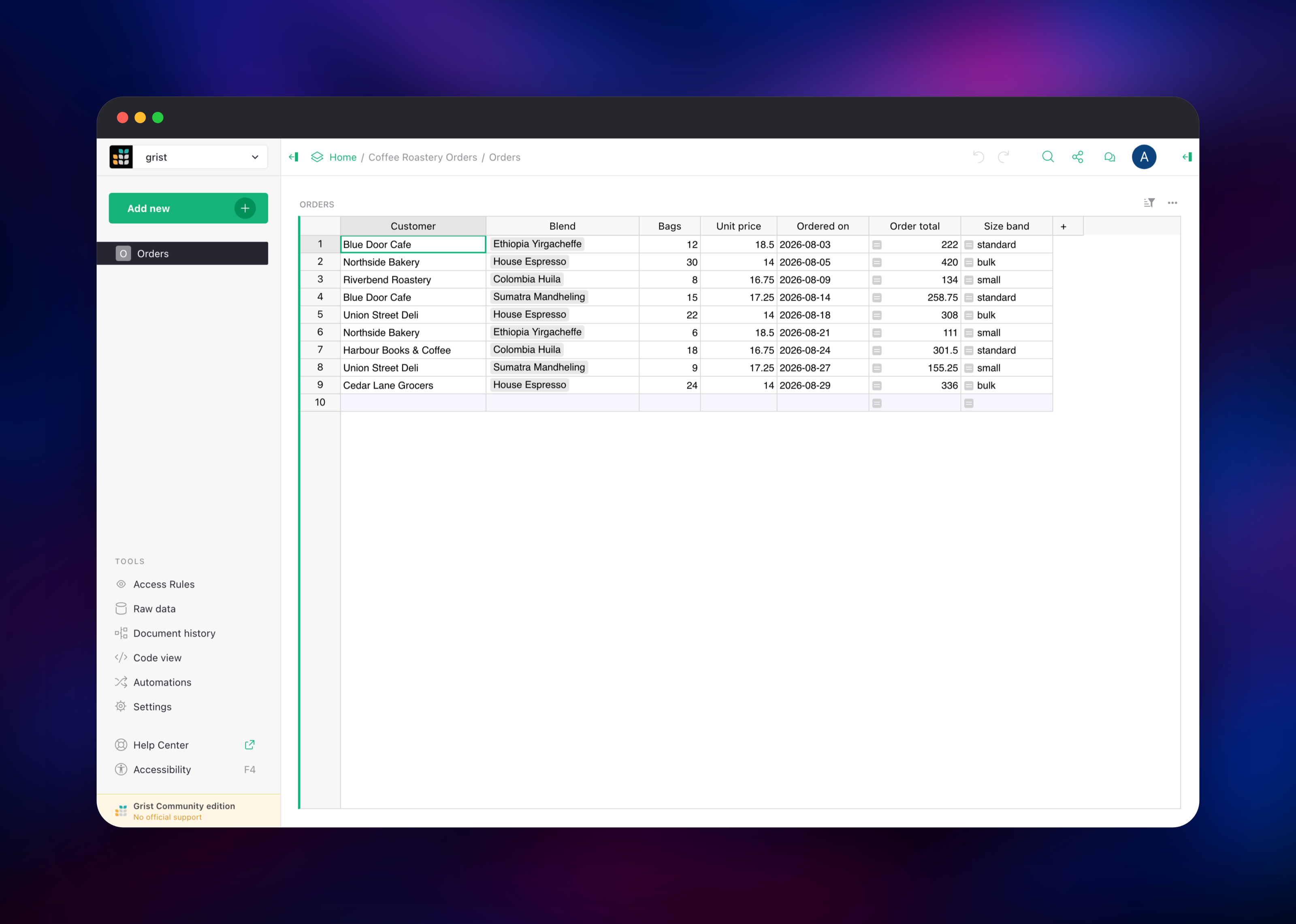 Grist grid of coffee orders with two Python formula columns
