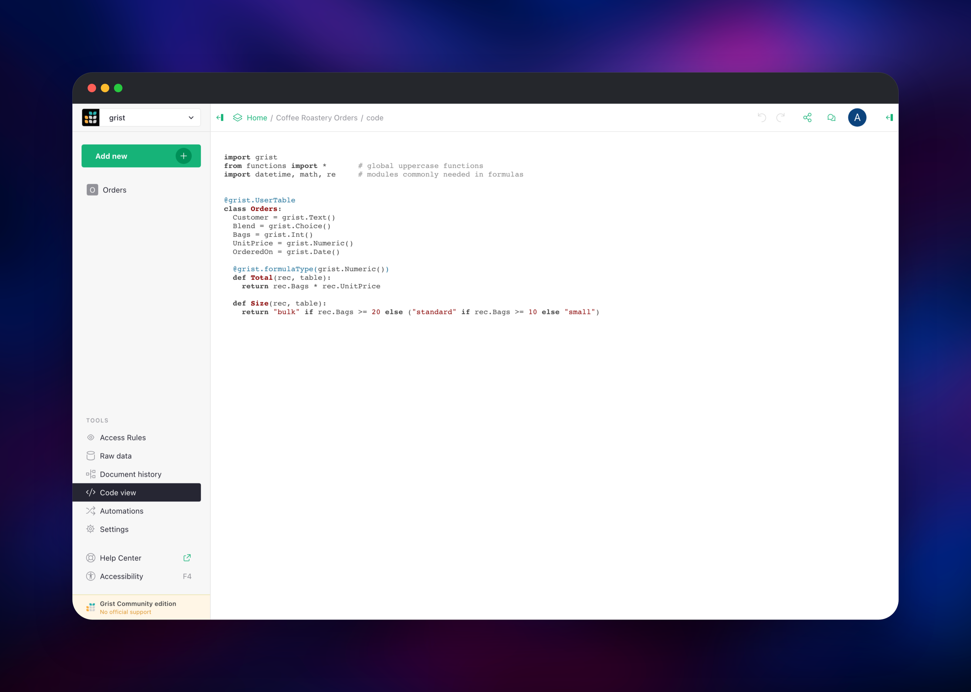 Grist code view showing the document's generated Python schema