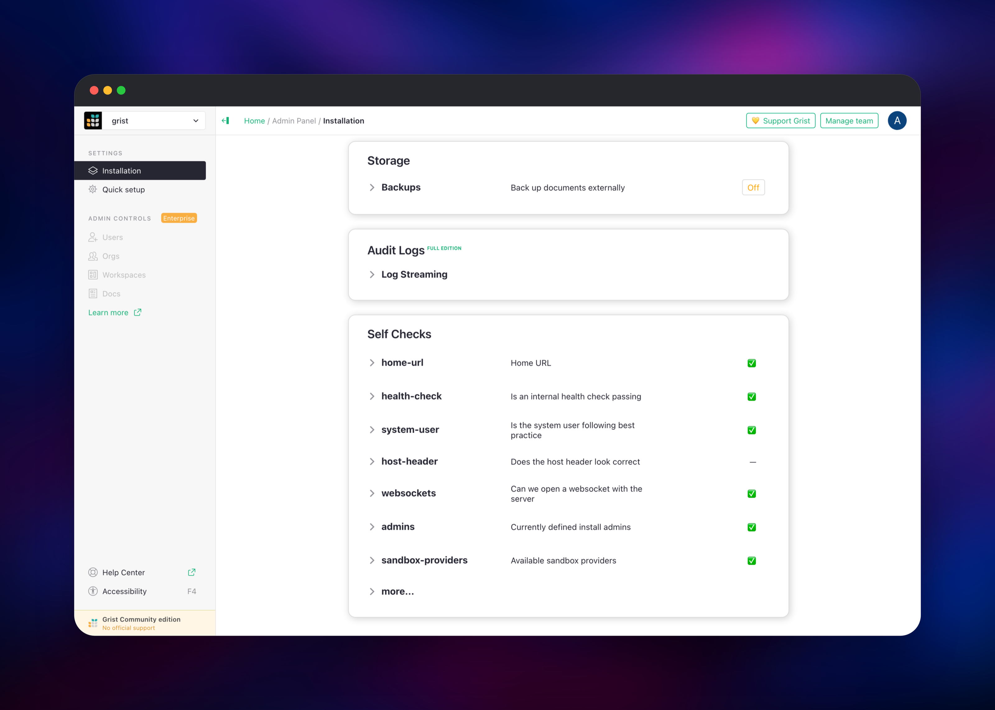 Grist admin panel self-checks all passing