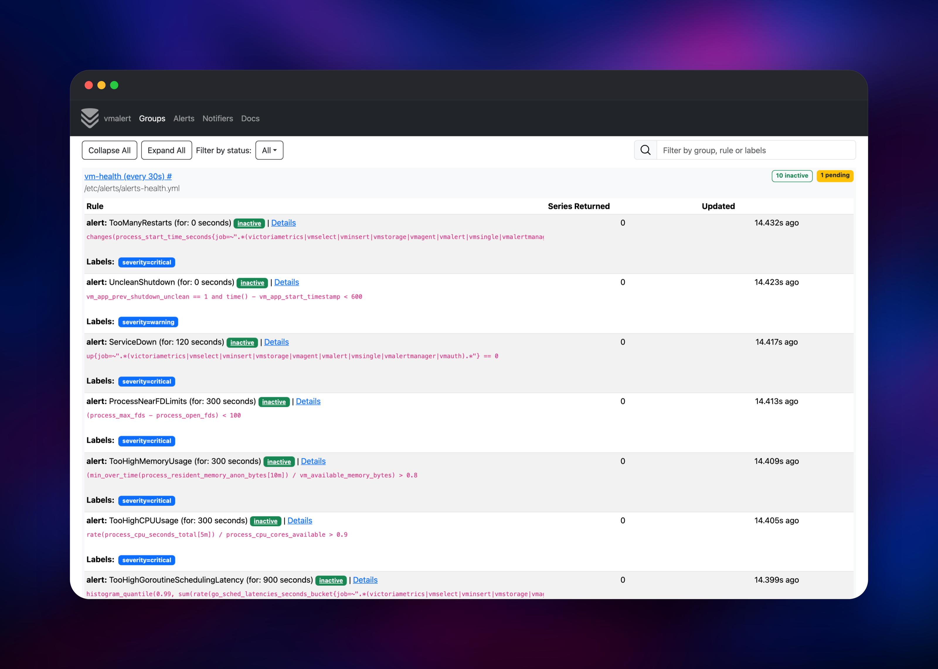 vmalert showing the bundled cluster health alerting rules