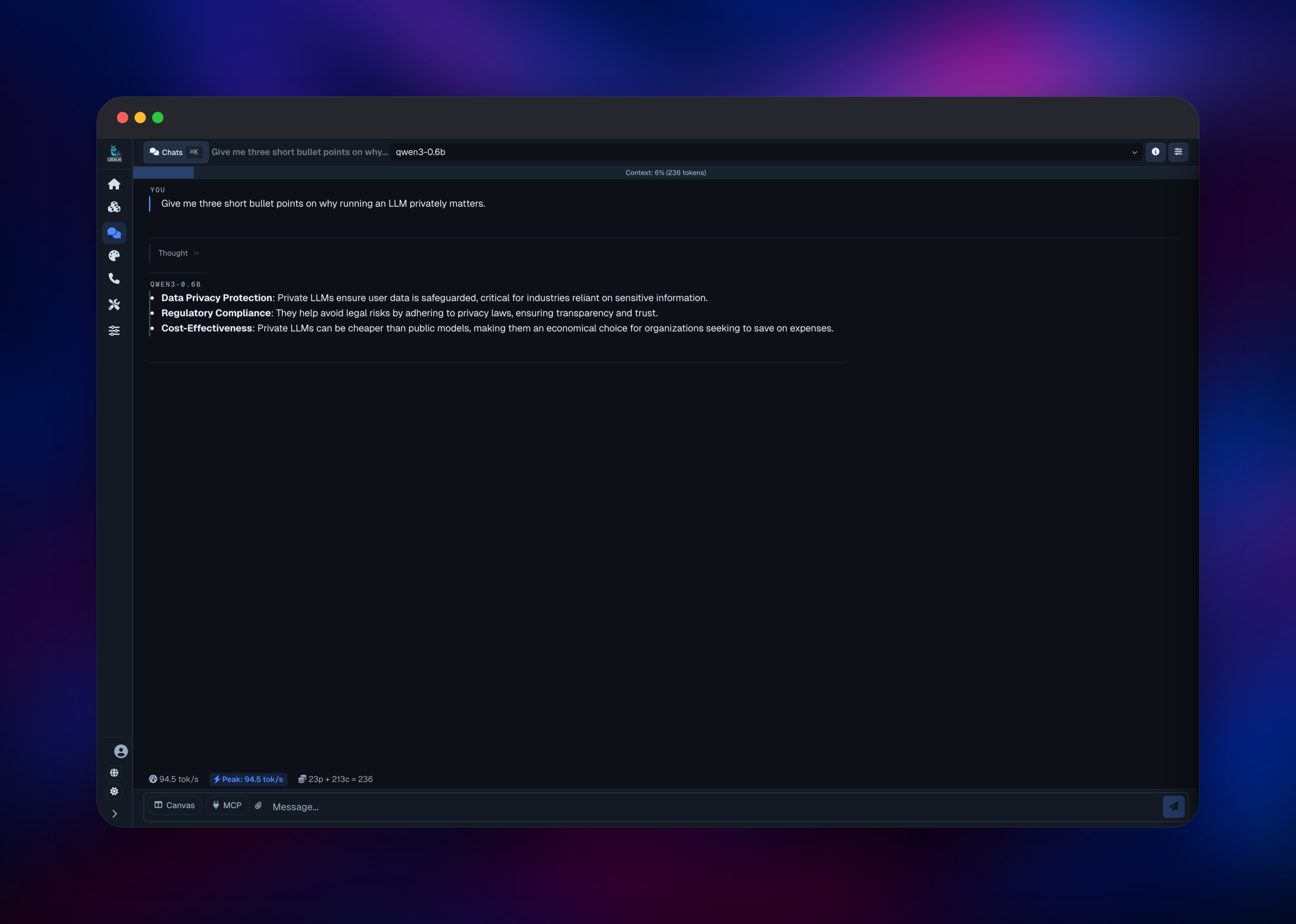 LocalAI chat answering a question with the qwen3-0.6b model