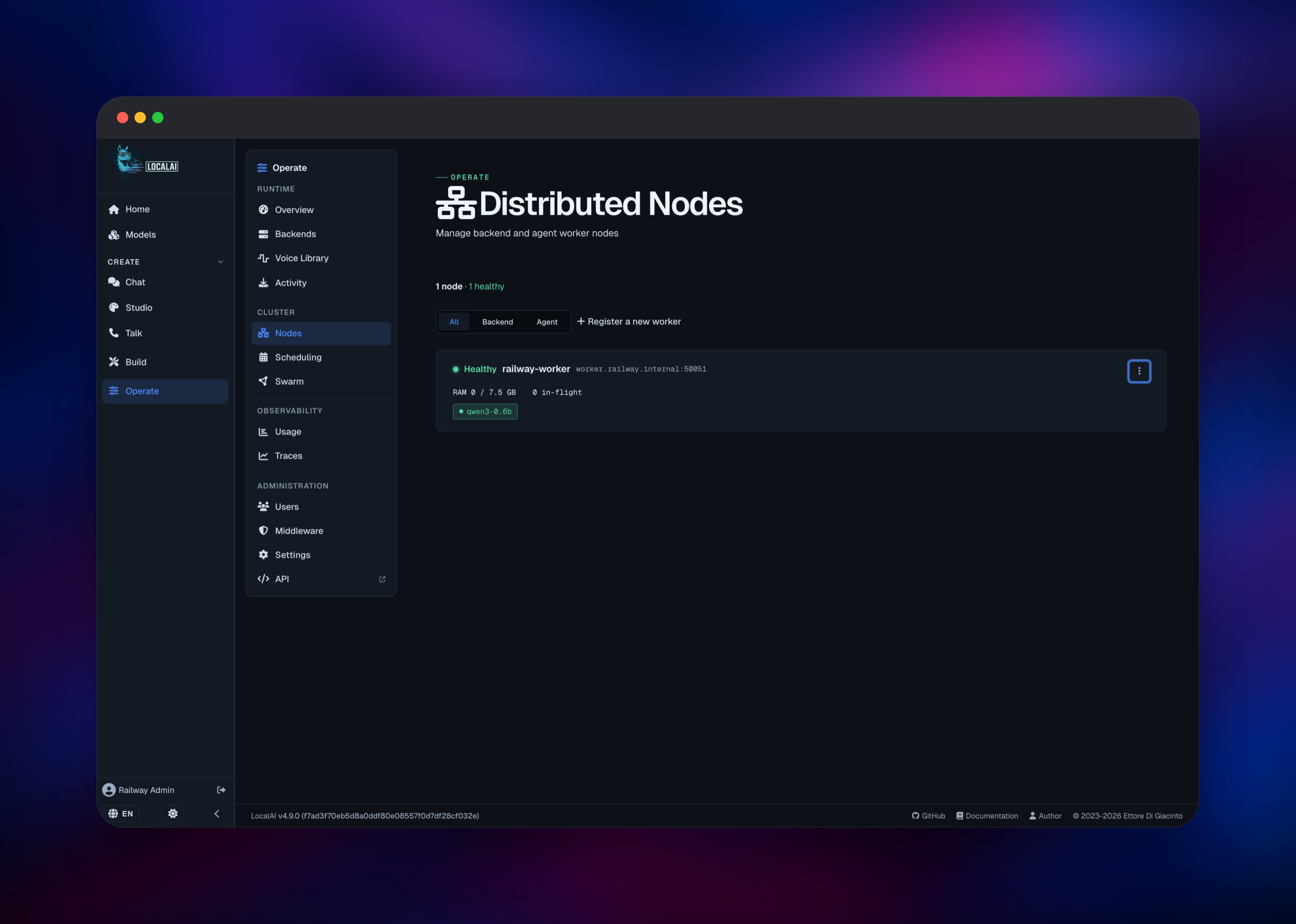 LocalAI Distributed Nodes page showing a healthy worker serving qwen3-0.6b
