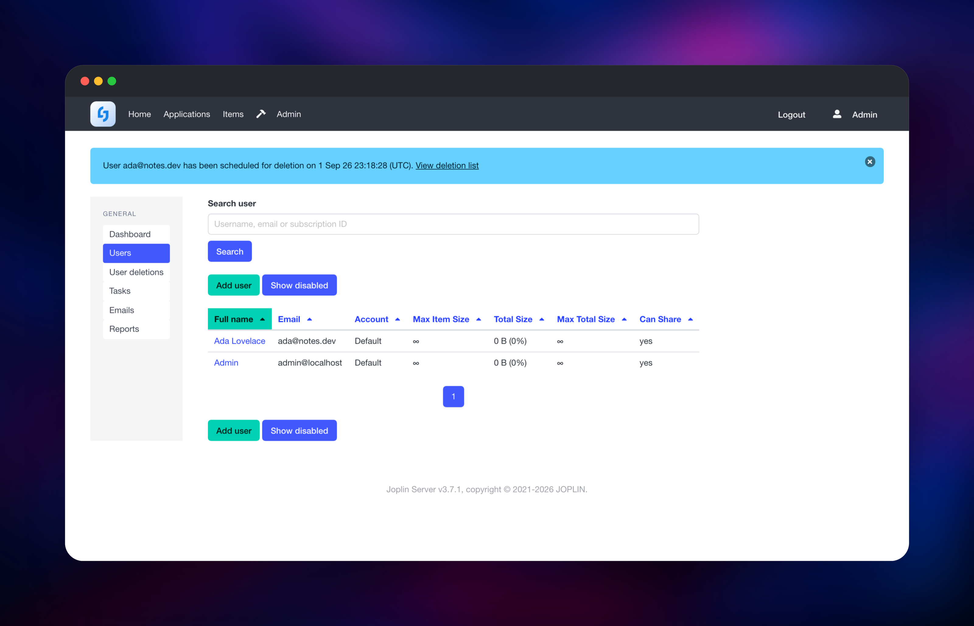 Joplin Server admin screen listing two sync accounts