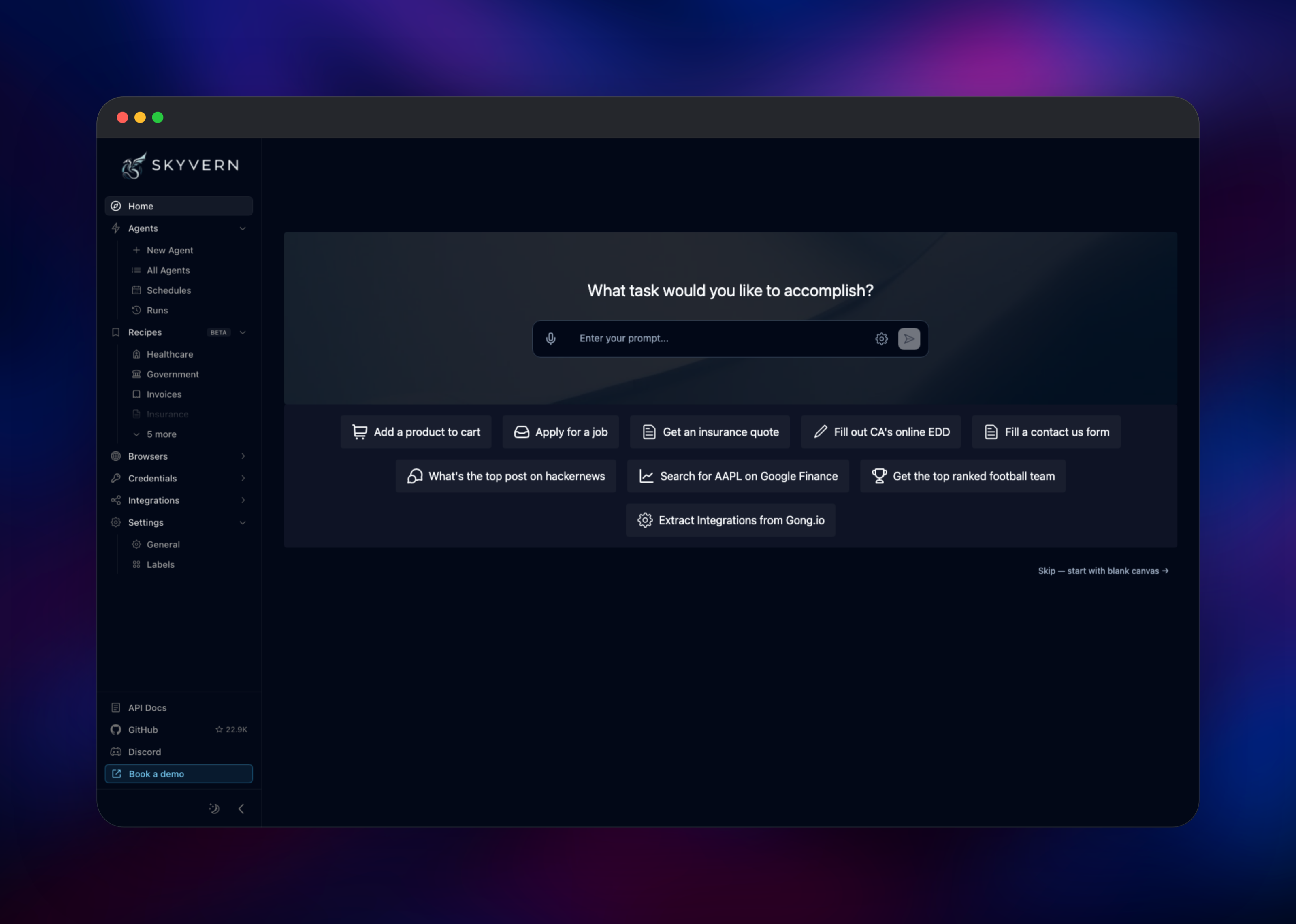 Skyvern home screen offering starter browser-automation prompts