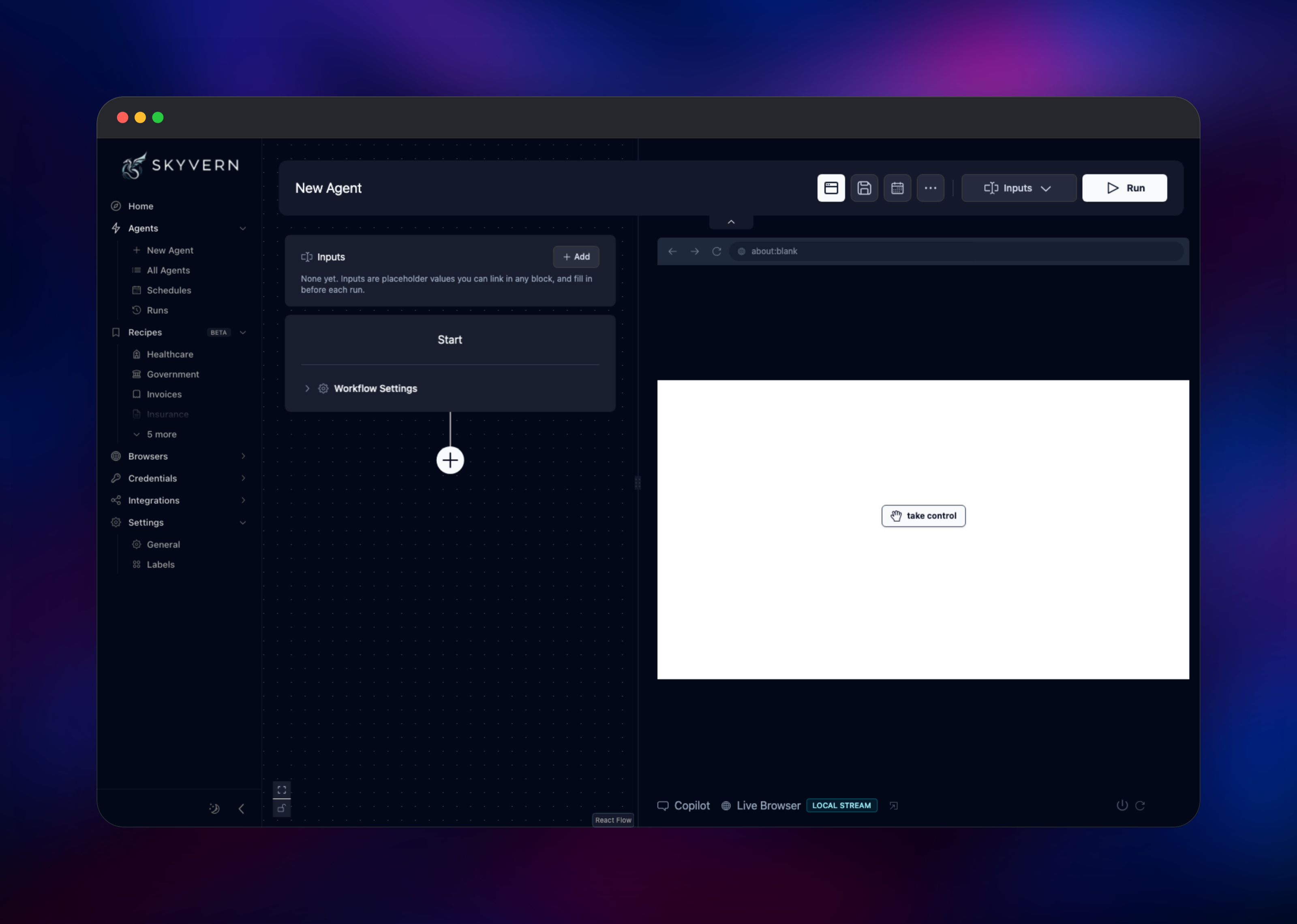 Skyvern agent canvas beside its live browser stream