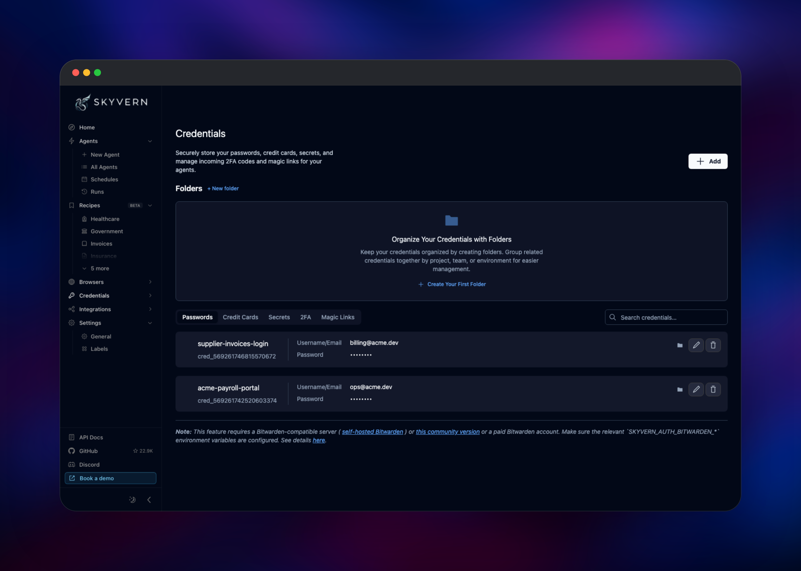 Skyvern credential vault holding two stored website logins