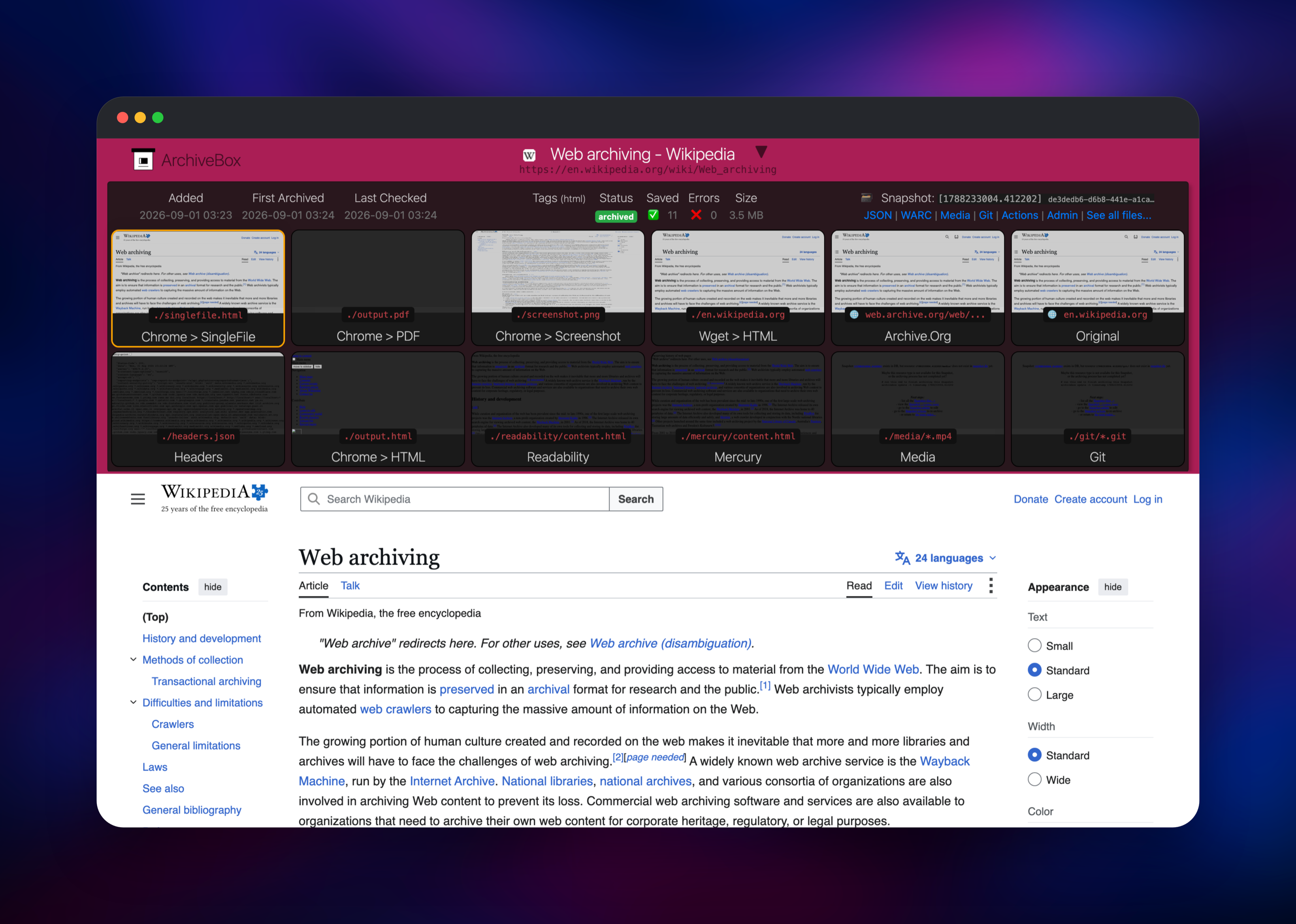 ArchiveBox snapshot showing every extractor output for a Wikipedia page