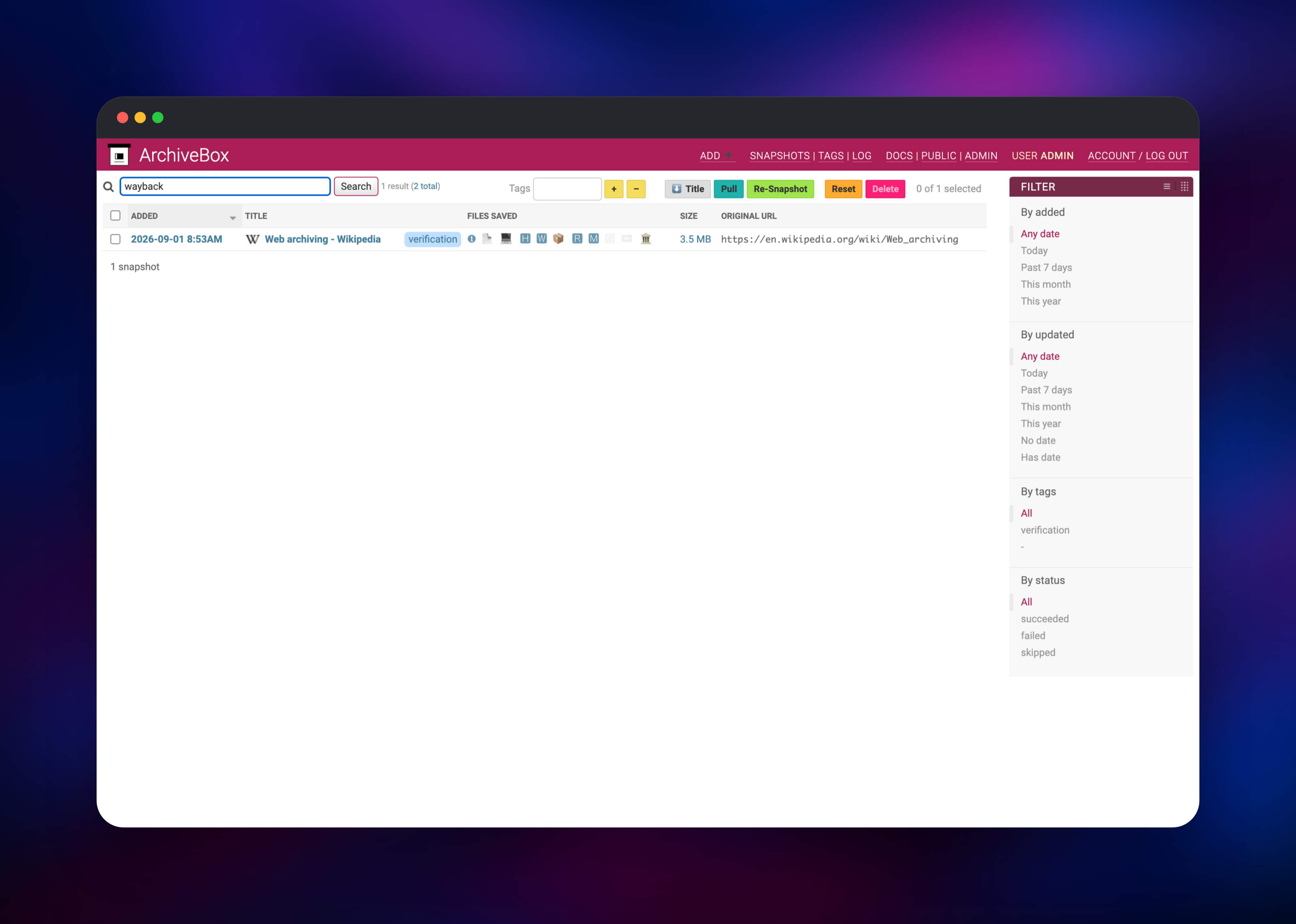 ArchiveBox full-text search matching a word inside an archived page