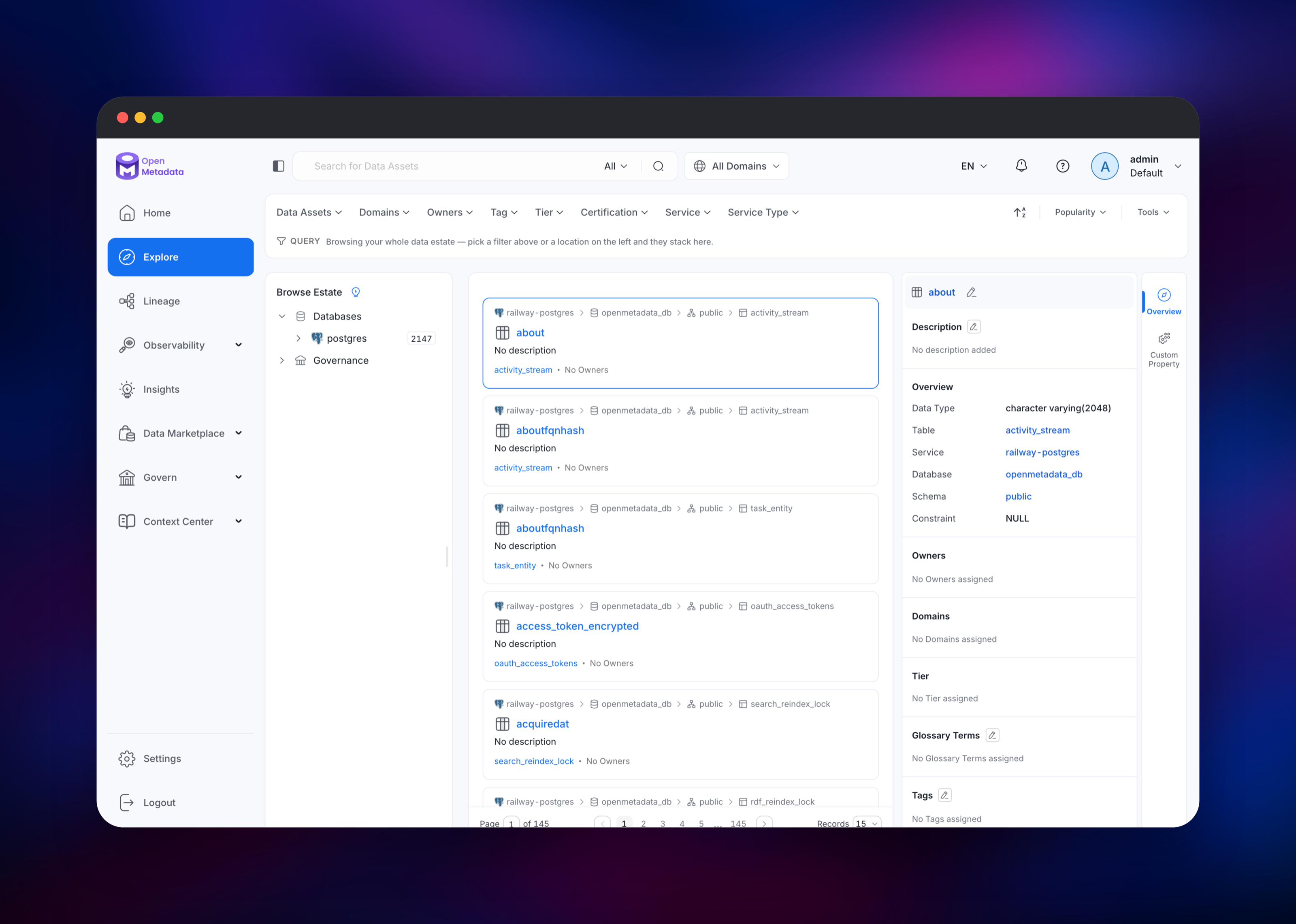 Explore browsing catalogued Postgres tables and columns