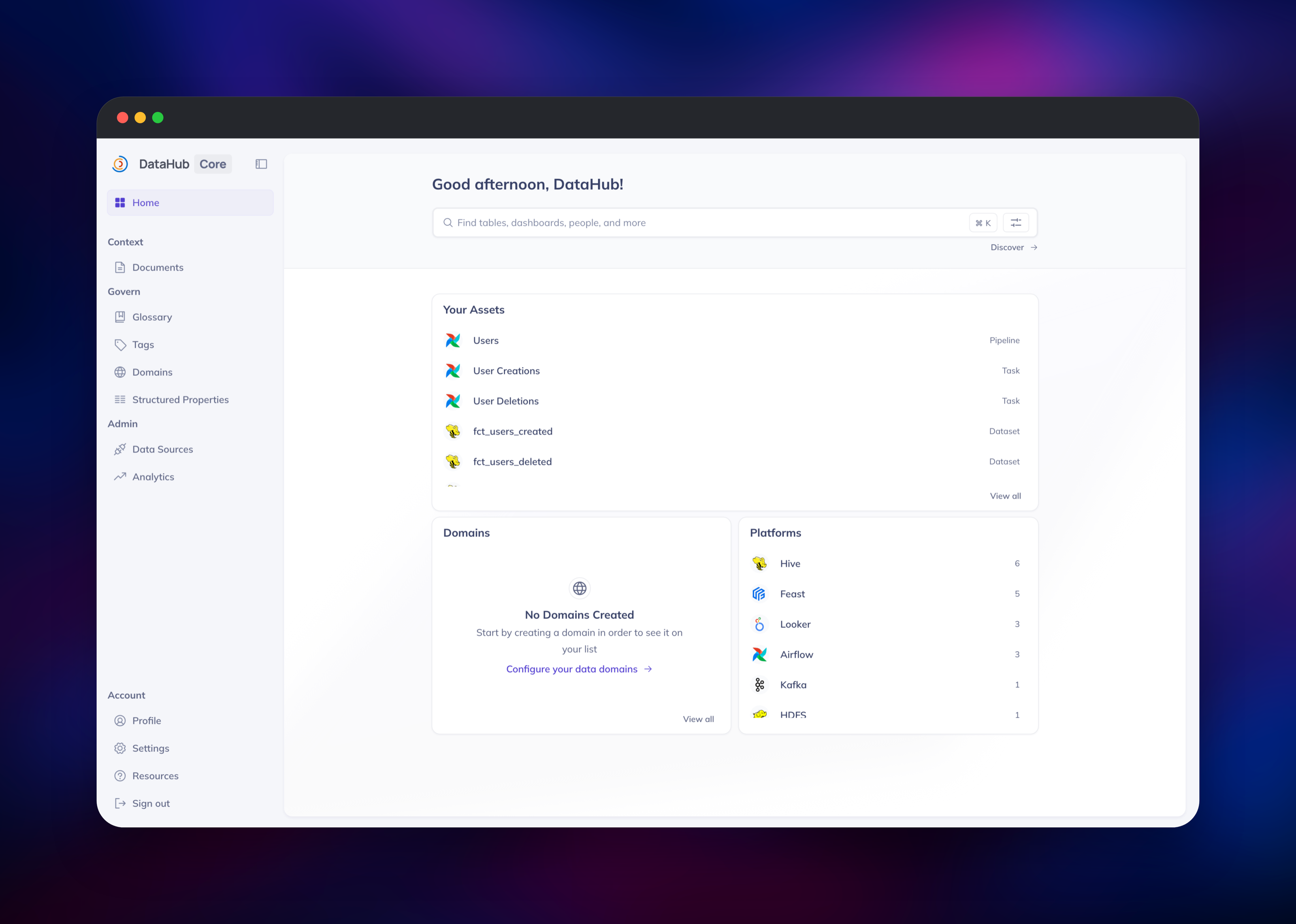 DataHub home page listing owned assets and ingested platforms