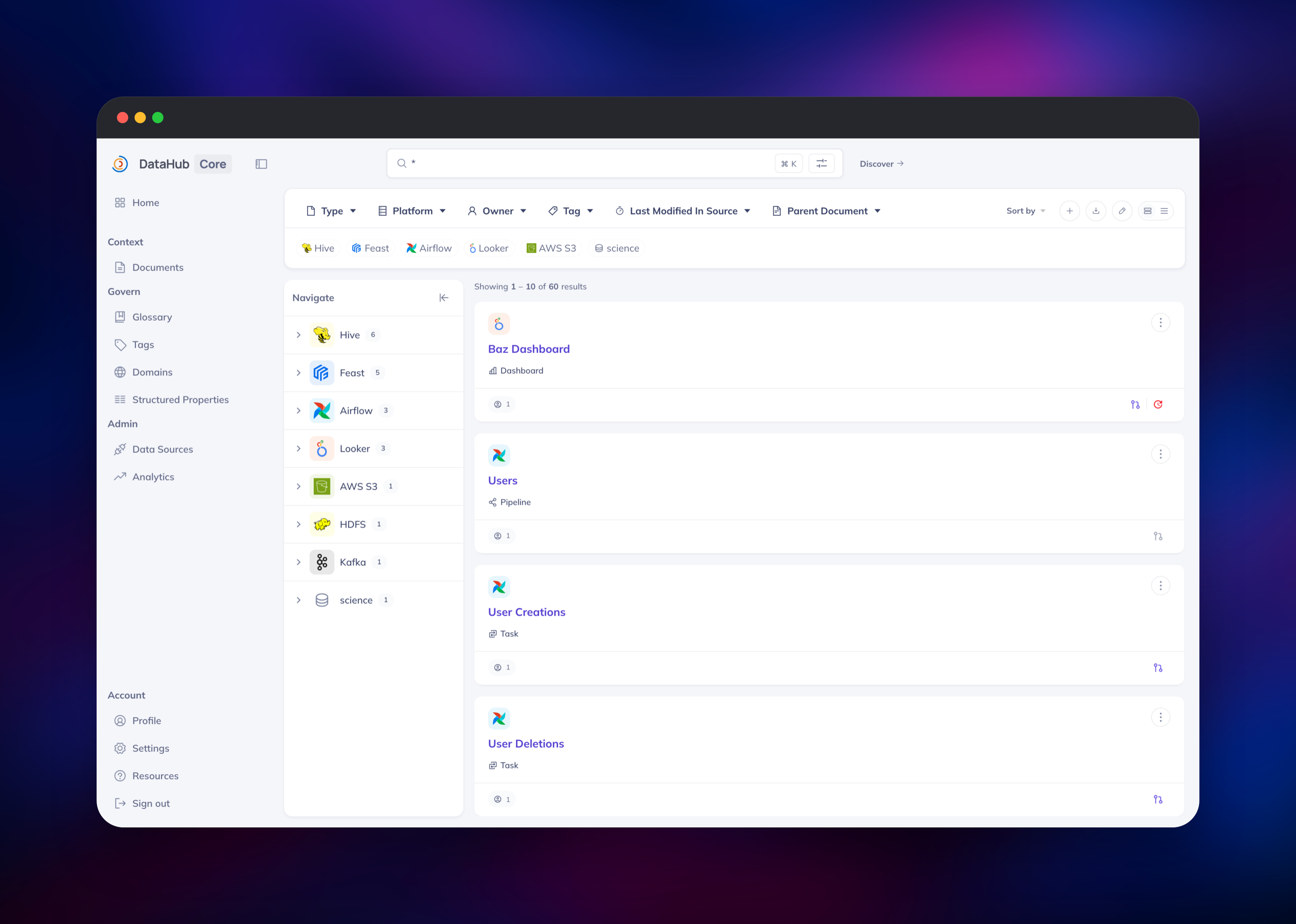 DataHub search results across sixty catalogued data assets