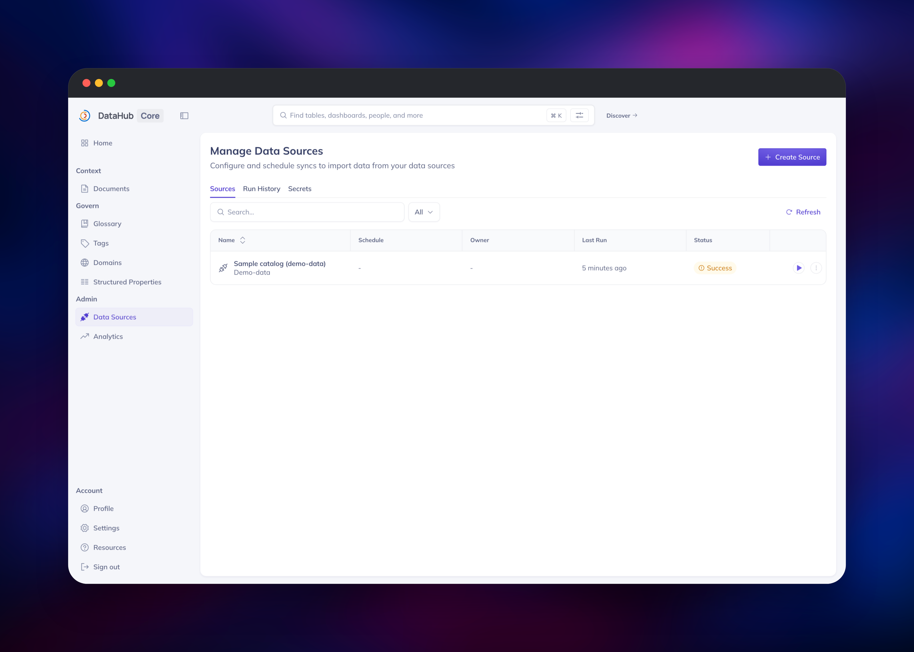 DataHub data sources page with a successful ingestion run