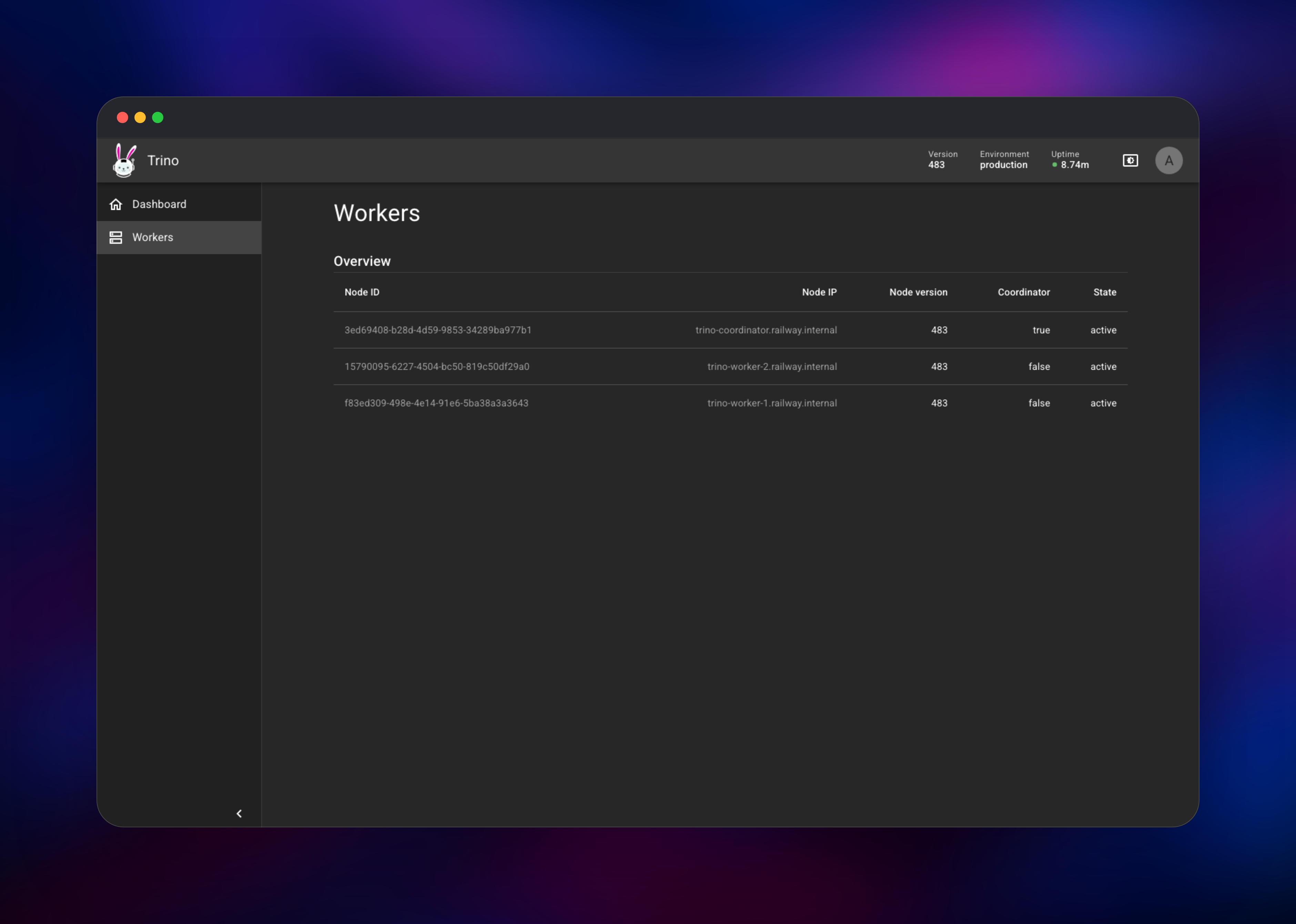 Trino worker list with three active nodes and versions